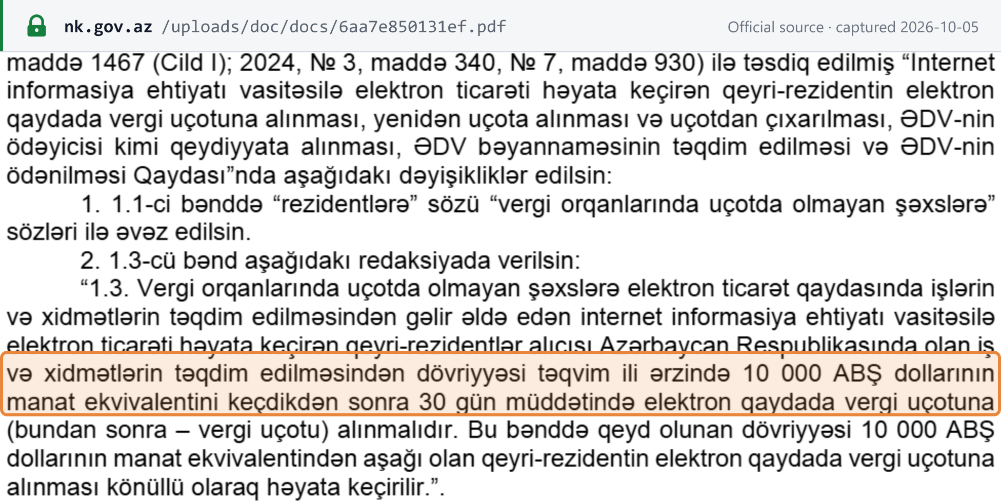 Source snapshot — Cabinet of Ministers Resolution No. 295 of 2026, restated point 1.3 of the Rules: a non-resident e-commerce supplier must register electronically within 30 days after its calendar-year turnover from buyers in Azerbaijan exceeds the manat equivalent of USD 10,000