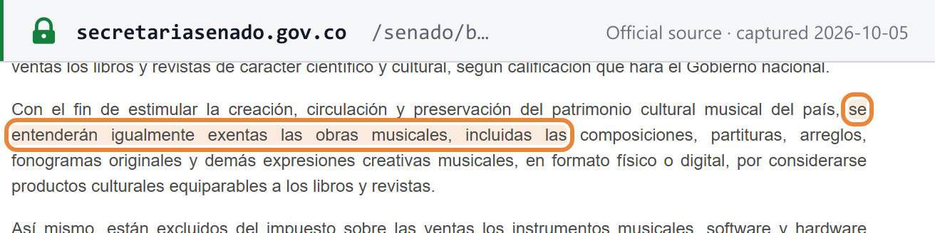 Source snapshot — ET art. 478 as rewritten by Ley 2615 art. 16: musical works, including compositions, scores, arrangements and original phonograms, are likewise treated as exempt from IVA as cultural products comparable to books and magazines