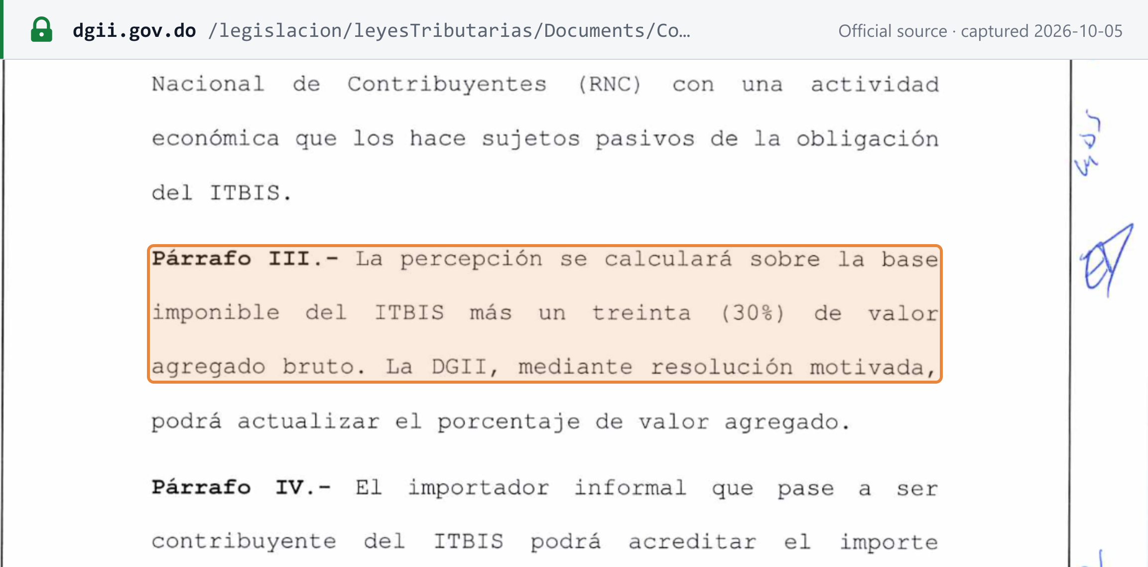 Source snapshot — Law 30-26, ITBIS chapter: an informal importer is one not registered in the RNC with an ITBIS-liable activity; Paragraph III (highlighted) — the perception is calculated on the ITBIS taxable base plus 30% gross added value, and the DGII may update the percentage by reasoned resolution