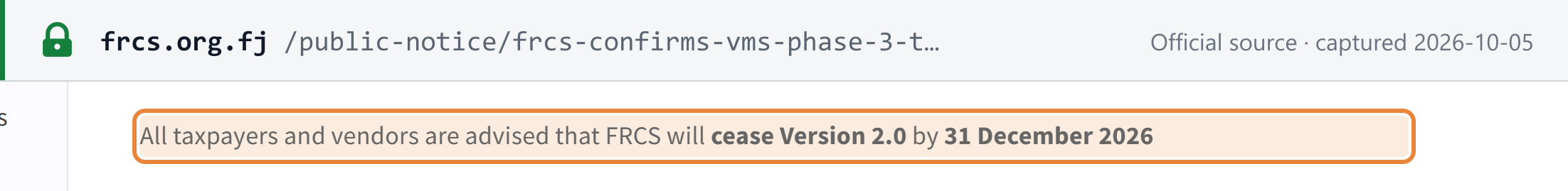 Source snapshot — EFD Version 2.0 end date: FRCS public notice confirming the VMS Phase 3 timelines — FRCS will cease Version 2.0 by 31 December 2026