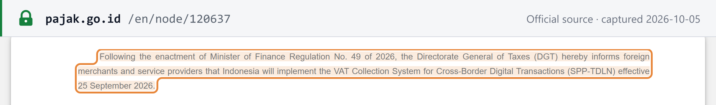 Source snapshot — DJP announcement: following PMK 49 of 2026, Indonesia implements the VAT Collection System for Cross-Border Digital Transactions (SPP-TDLN) effective 25 September 2026