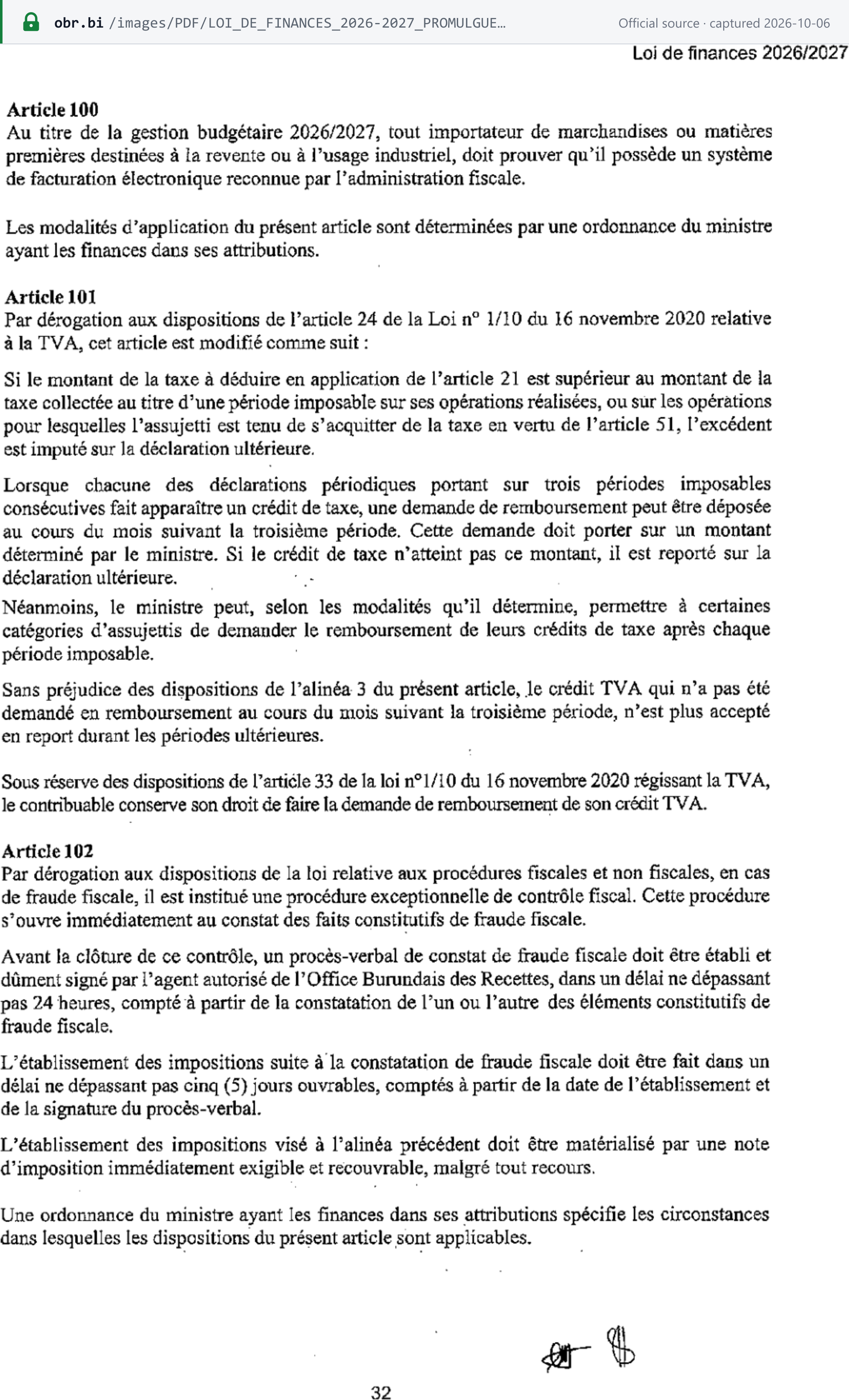 Source snapshot — Finance Law 2026/2027, p. 32: articles 100 and 101 — importers must prove they have a recognised e-invoicing system, and a VAT credit not claimed in the month after the third credit period cannot be carried forward