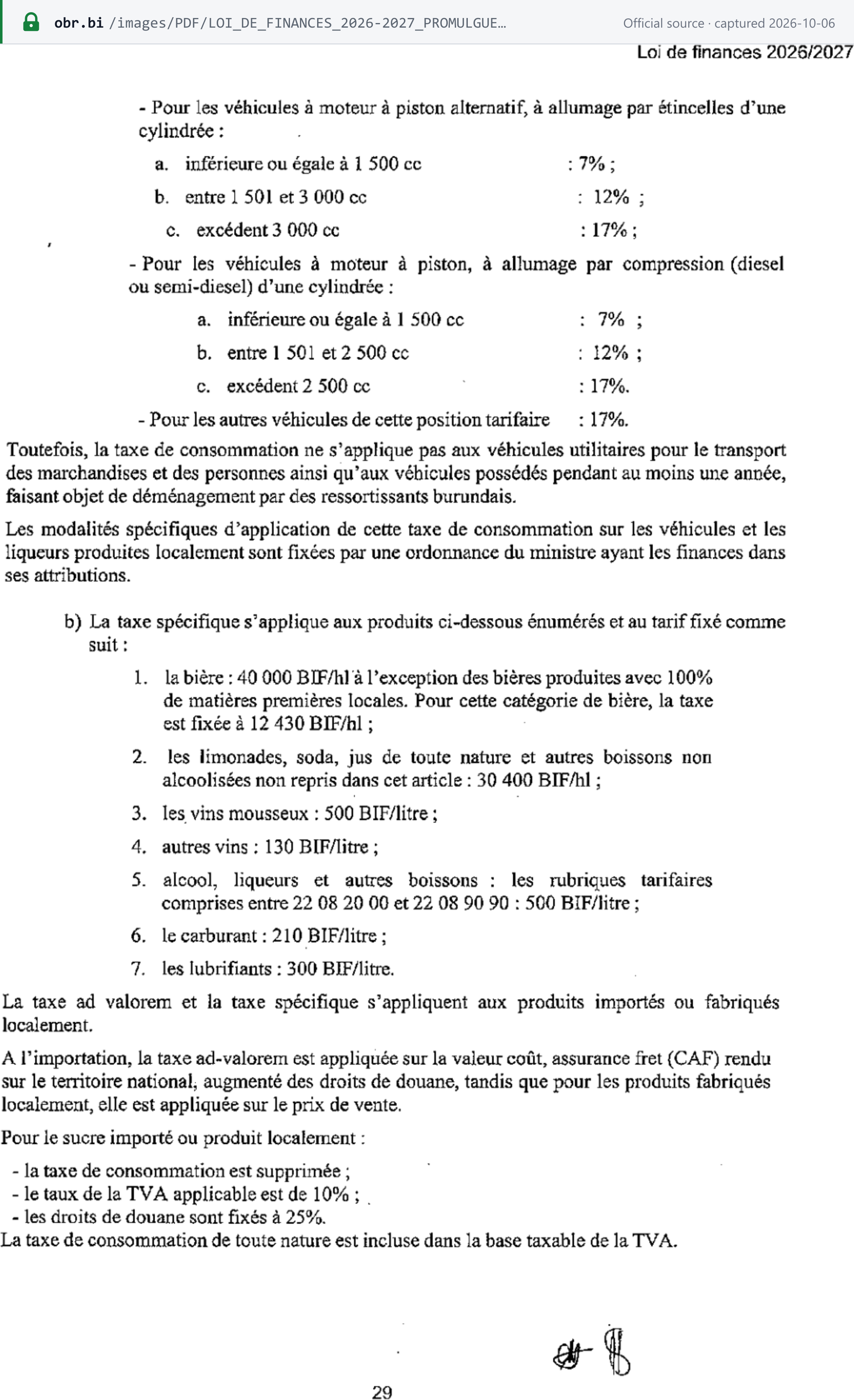 Source snapshot — Finance Law 2026/2027, p. 29: article 90 — for imported or locally produced sugar the consumption tax is abolished and VAT applies at 10%