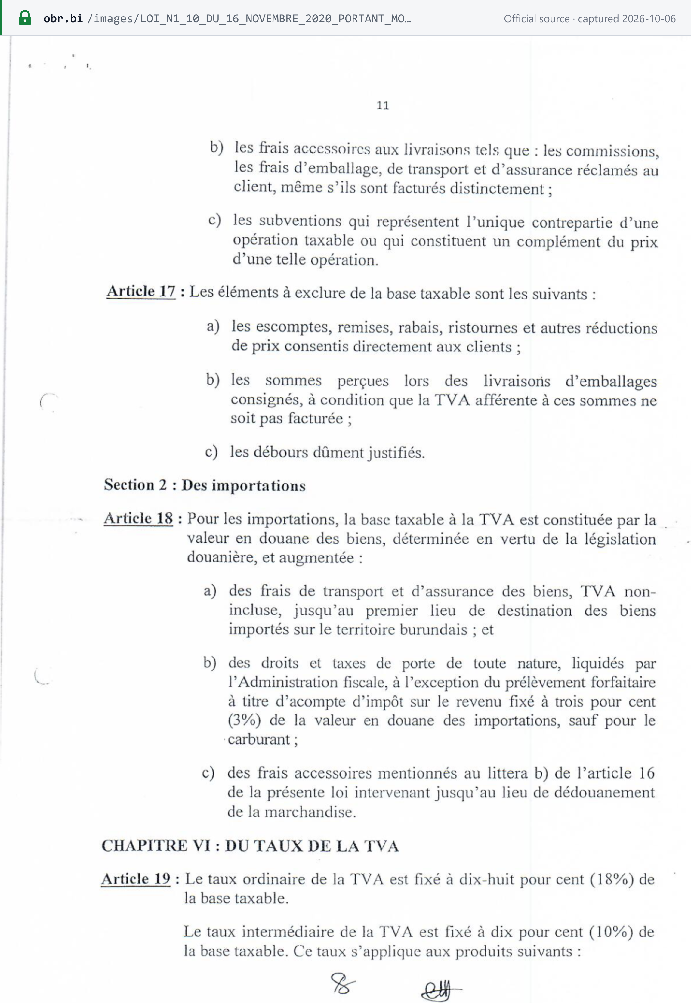 Source snapshot — VAT law n°1/10 of 2020, p. 11: article 18 on the import base, and article 19 — the ordinary rate of 18% and the intermediate rate of 10%