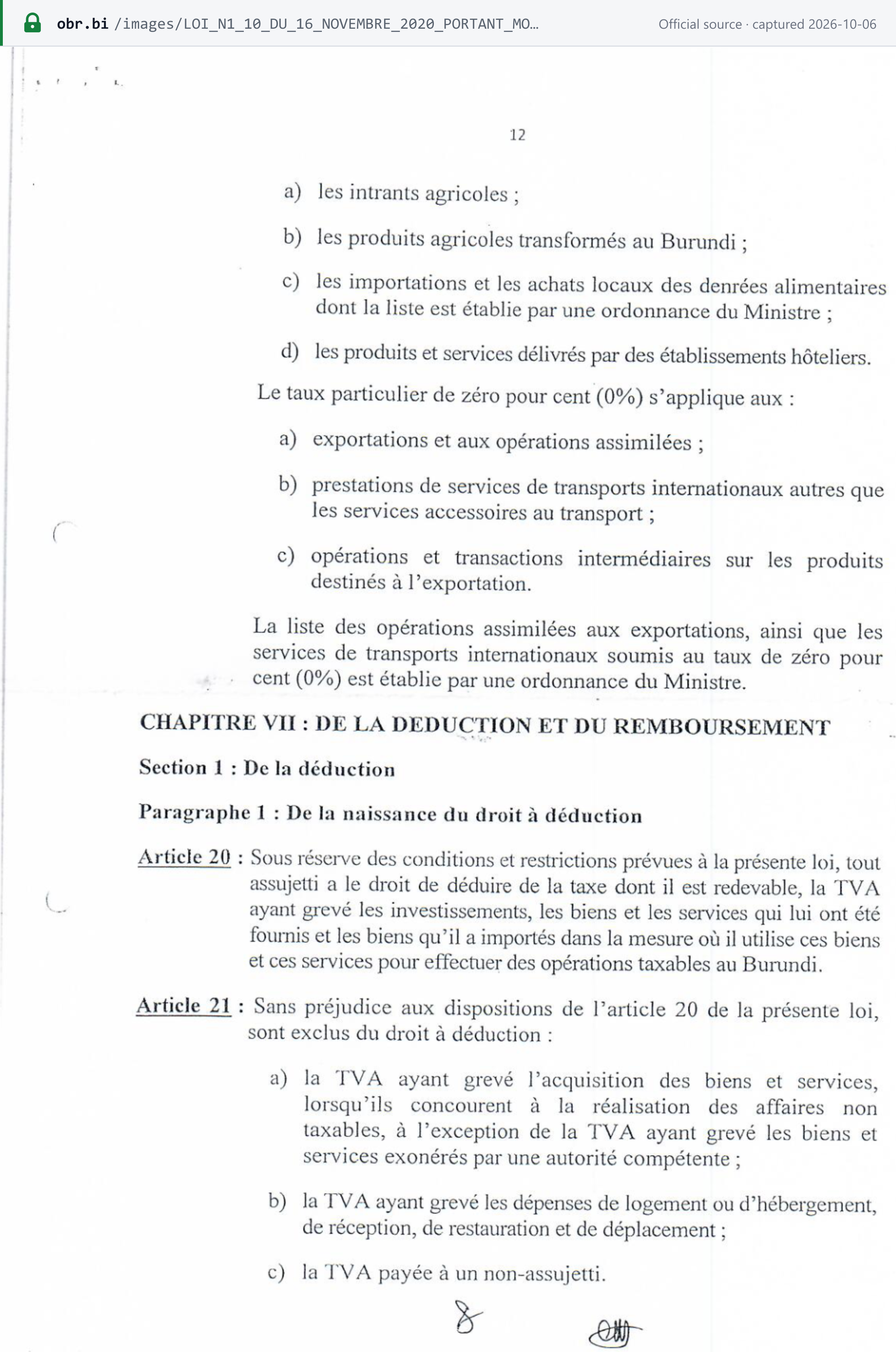 Source snapshot — VAT law n°1/10 of 2020, p. 12: article 19 continued — the goods and services at 10%, and the 0% rate on exports, international transport and intermediate transactions on export goods; article 21 blocked input VAT