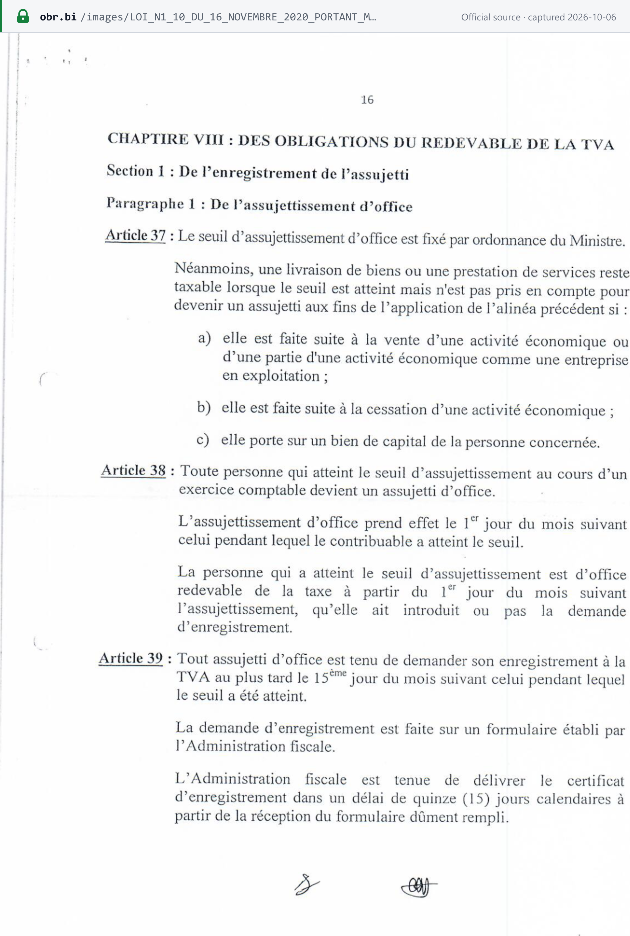 Source snapshot — VAT law n°1/10 of 2020, p. 16: articles 37 to 39 — liability from the first day of the month after the threshold is reached, the registration request by the 15th of that month, and the certificate within 15 calendar days