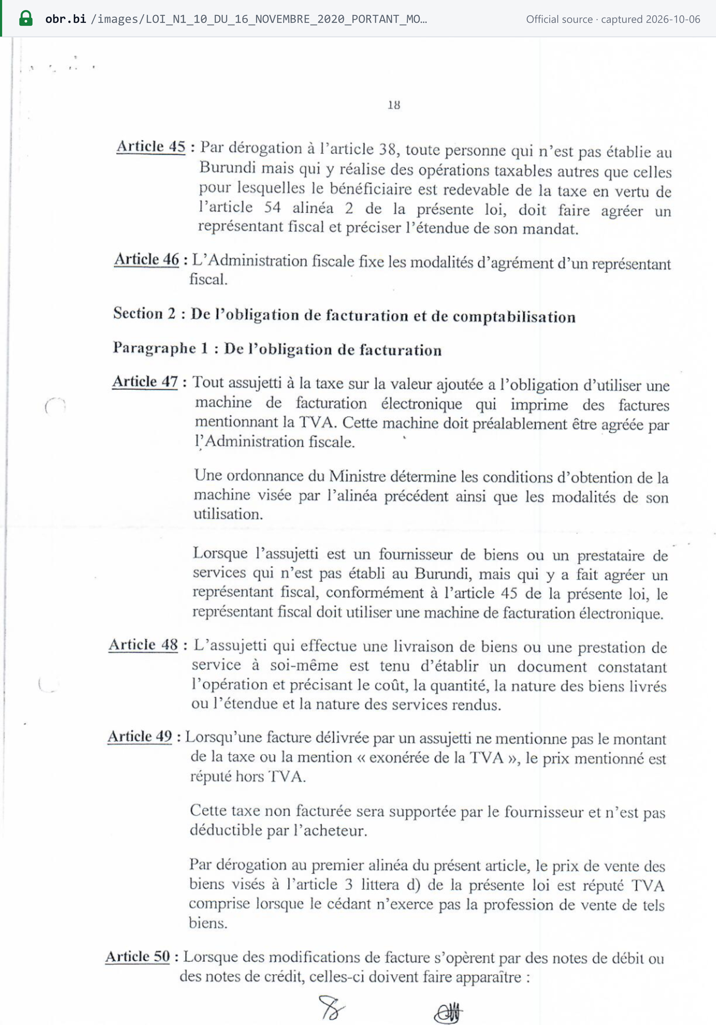 Source snapshot — VAT law n°1/10 of 2020, p. 18: articles 45 to 49 — fiscal representative for non-established persons, the obligation to use an approved electronic invoicing machine, and invoices without VAT deemed VAT-exclusive