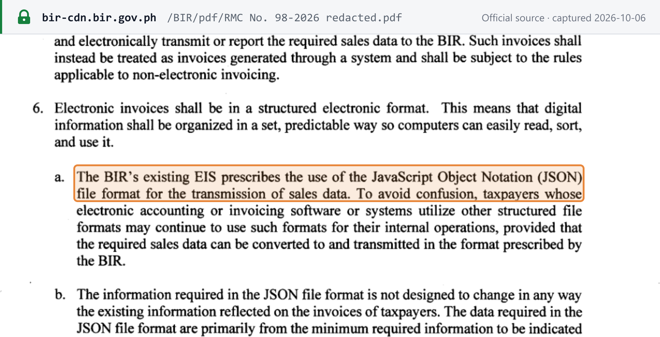 Source snapshot — RMC 98-2026 IV.6(a): the BIR's existing EIS prescribes the JavaScript Object Notation (JSON) file format for the transmission of sales data; other internal structured formats may be kept if convertible