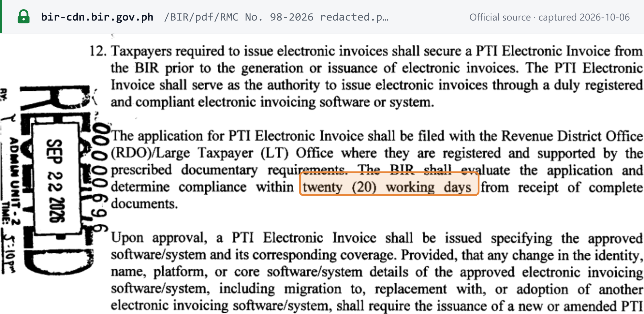 Source snapshot — RMC 98-2026 item 12: taxpayers must secure a PTI Electronic Invoice before generating or issuing electronic invoices; applications go to the RDO or LT Office of registration, and the BIR determines compliance within twenty (20) working days of complete documents