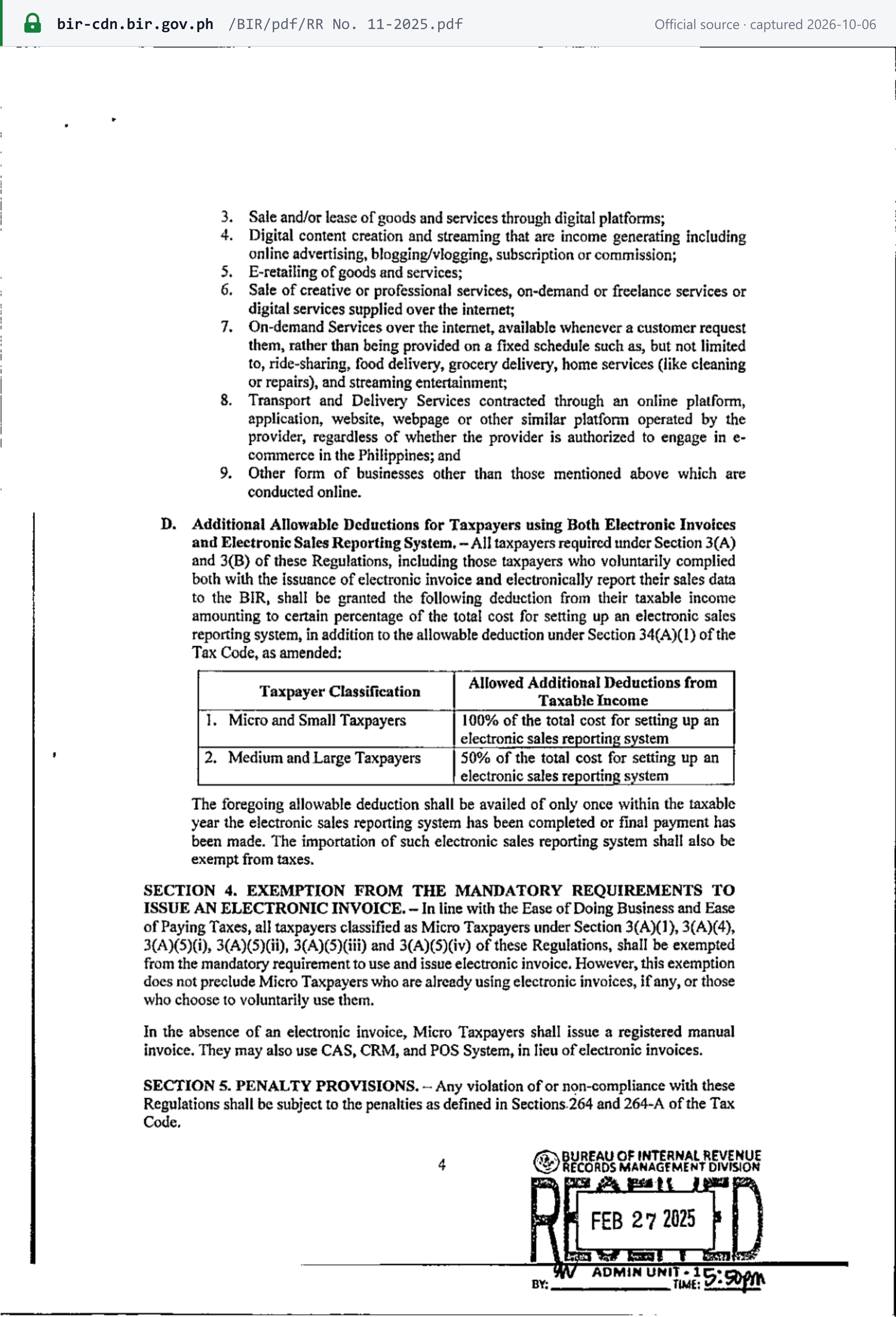 Source snapshot — RR 11-2025 p.4: part of the e-commerce activity list, the additional deduction for setting up an electronic sales reporting system (100% for Micro and Small, 50% for Medium and Large), Section 4 exempting Micro Taxpayers from mandatory e-invoicing, and Section 5 applying the penalties of NIRC Sections 264 and 264-A