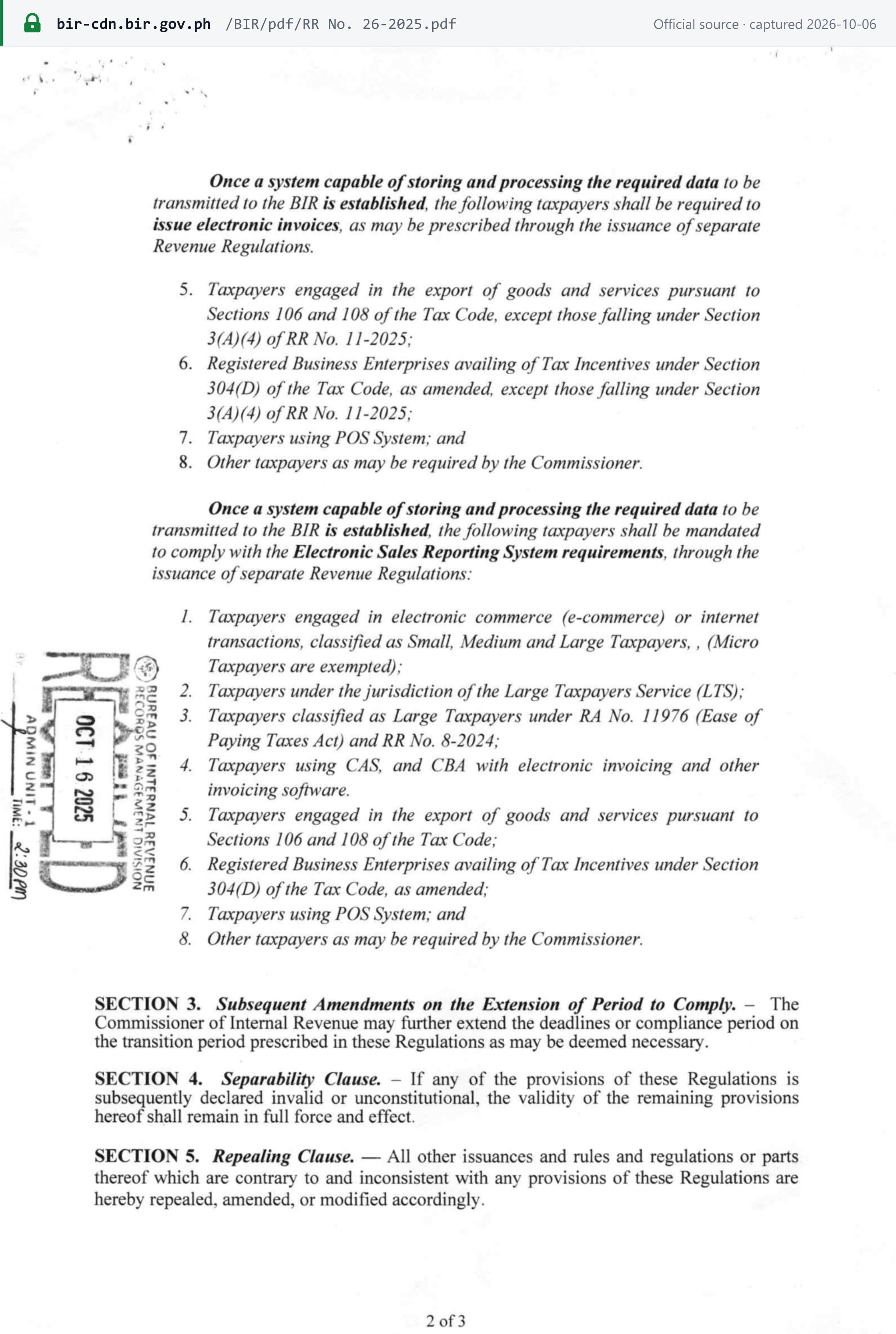 Source snapshot — RR 26-2025 p.2: exporters (item 5) and RBEs (item 6) are deferred to separate Revenue Regulations "except those falling under Section 3(A)(4) of RR No. 11-2025"; POS users and others follow; all eight groups face electronic sales reporting through separate RRs; Section 3 lets the Commissioner extend