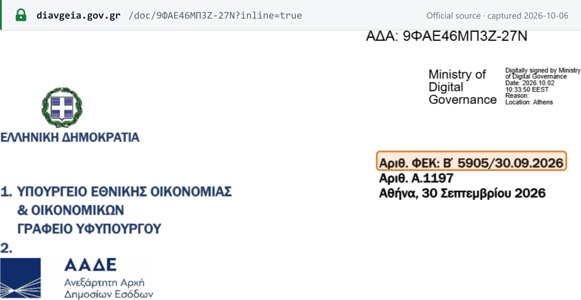 Source snapshot — A.1197/2026 header: ΦΕΚ Β΄ 5905/30.09.2026, decision no. A.1197, Athens, 30 September 2026, issued jointly by the Ministry of National Economy and Finance and AADE
