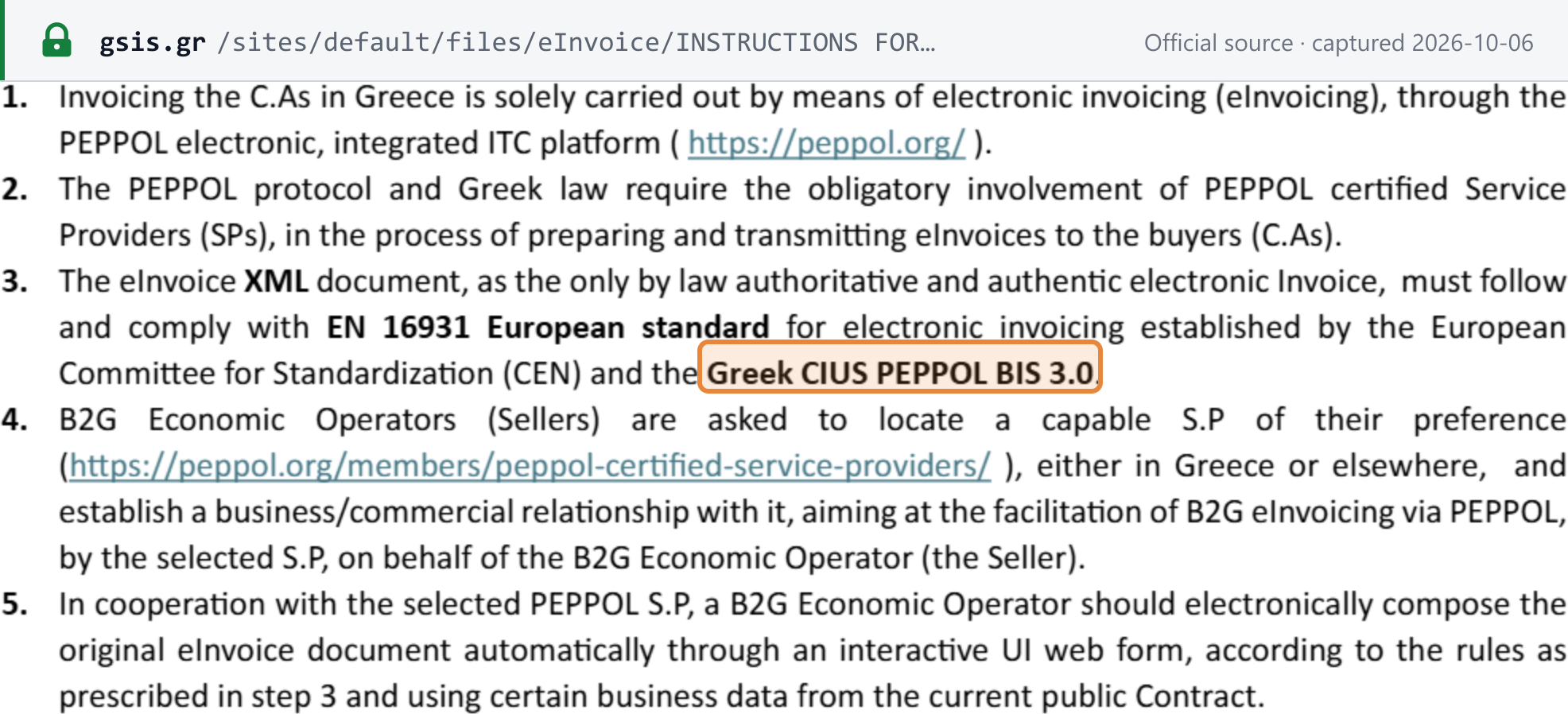 Source snapshot — GSIS instructions for foreign B2G suppliers: invoicing Greek contracting authorities is carried out solely by e-invoicing through Peppol, with Peppol-certified service providers, and the eInvoice XML must comply with EN 16931 and the Greek CIUS PEPPOL BIS 3.0