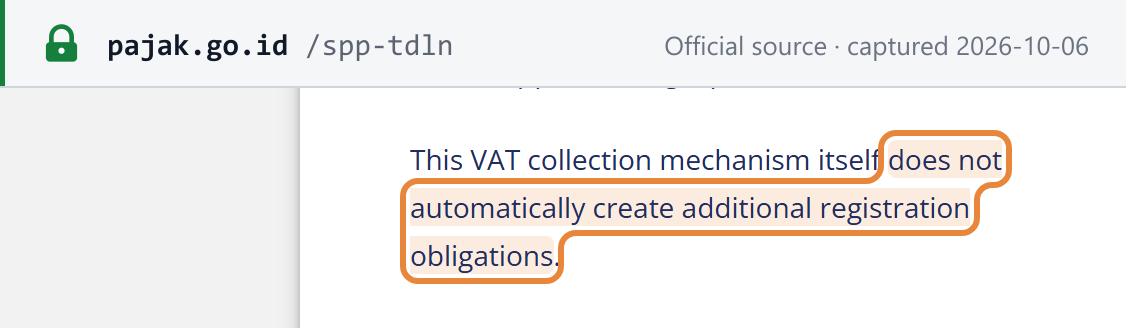 Source snapshot — DJP SPP-TDLN page: the VAT collection mechanism itself does not automatically create additional registration obligations