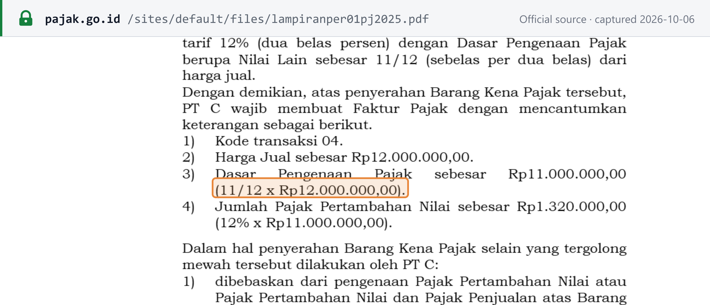 Source snapshot — PER-1/PJ/2025 attachment: transaction code 04, selling price Rp12,000,000, tax base Rp11,000,000 (11/12 x Rp12,000,000), VAT Rp1,320,000 (12% x Rp11,000,000)
