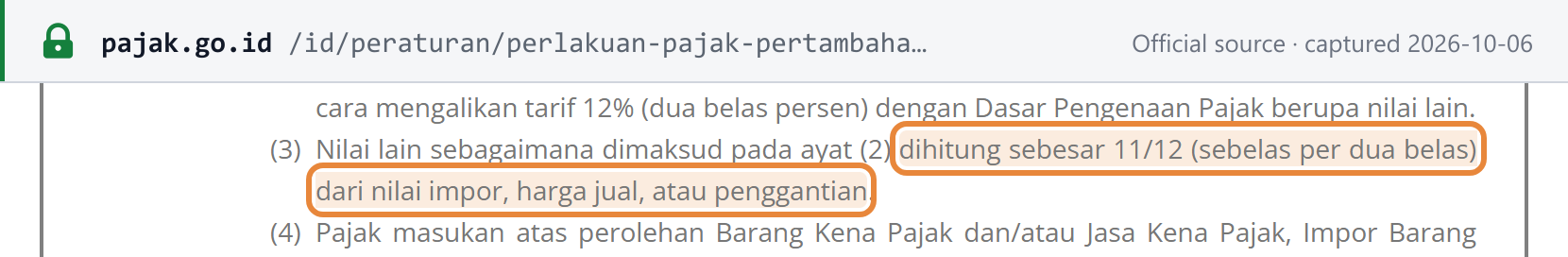 Source snapshot — PMK 131/2024 article 3(3): the other value (nilai lain) is calculated as 11/12 of the import value, selling price or consideration