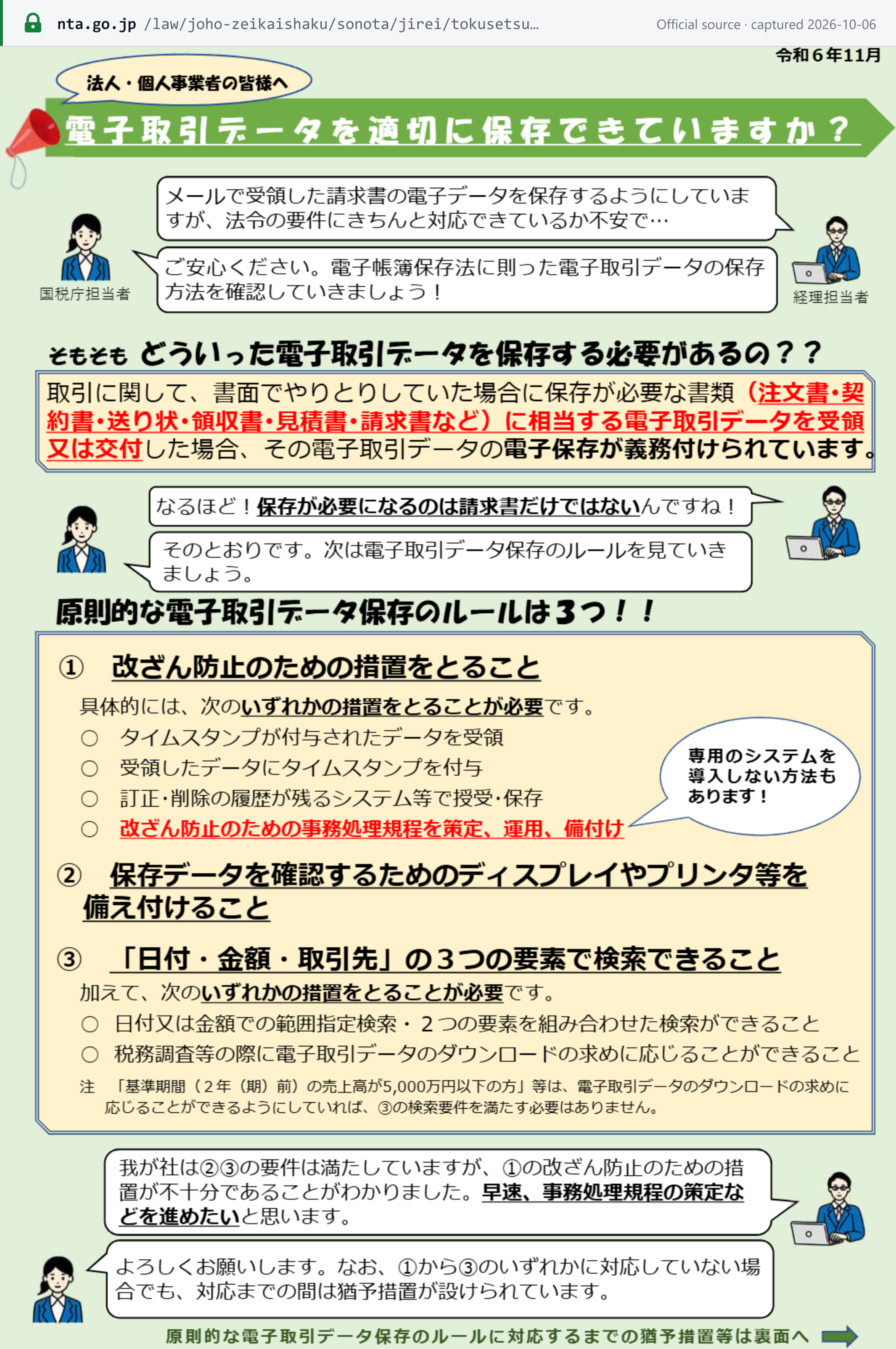 Source snapshot — NTA leaflet on electronic transaction data (Electronic Bookkeeping Act): electronically exchanged transaction data must be kept electronically, with tamper-prevention measures, a display and printer, and search by date, amount and counterparty
