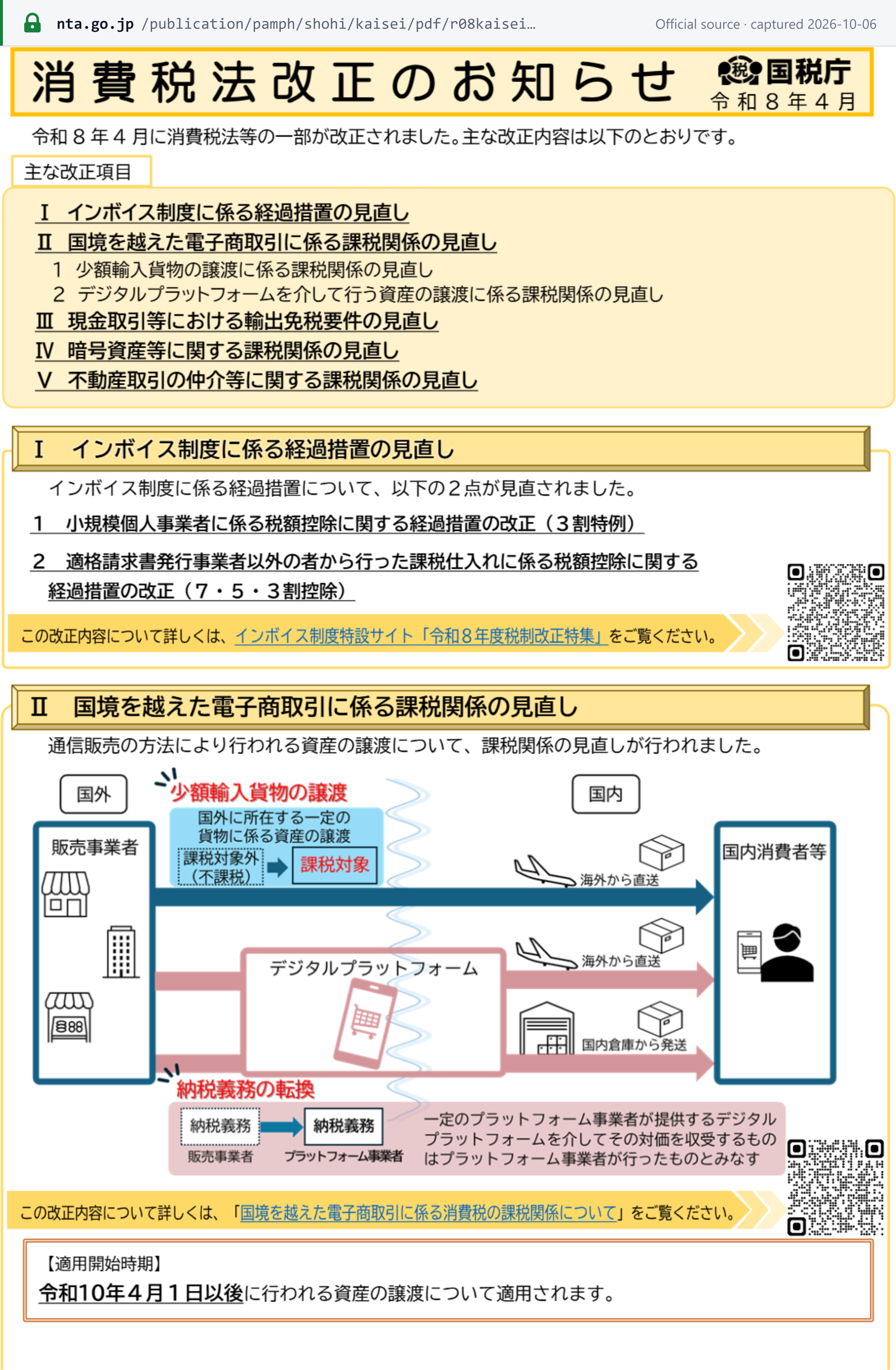 Source snapshot — NTA notice of the FY2026 Consumption Tax Act amendments, p.1: low-value mail-order sales into Japan are treated as domestic supplies, applying to supplies made on or after 1 April 2028