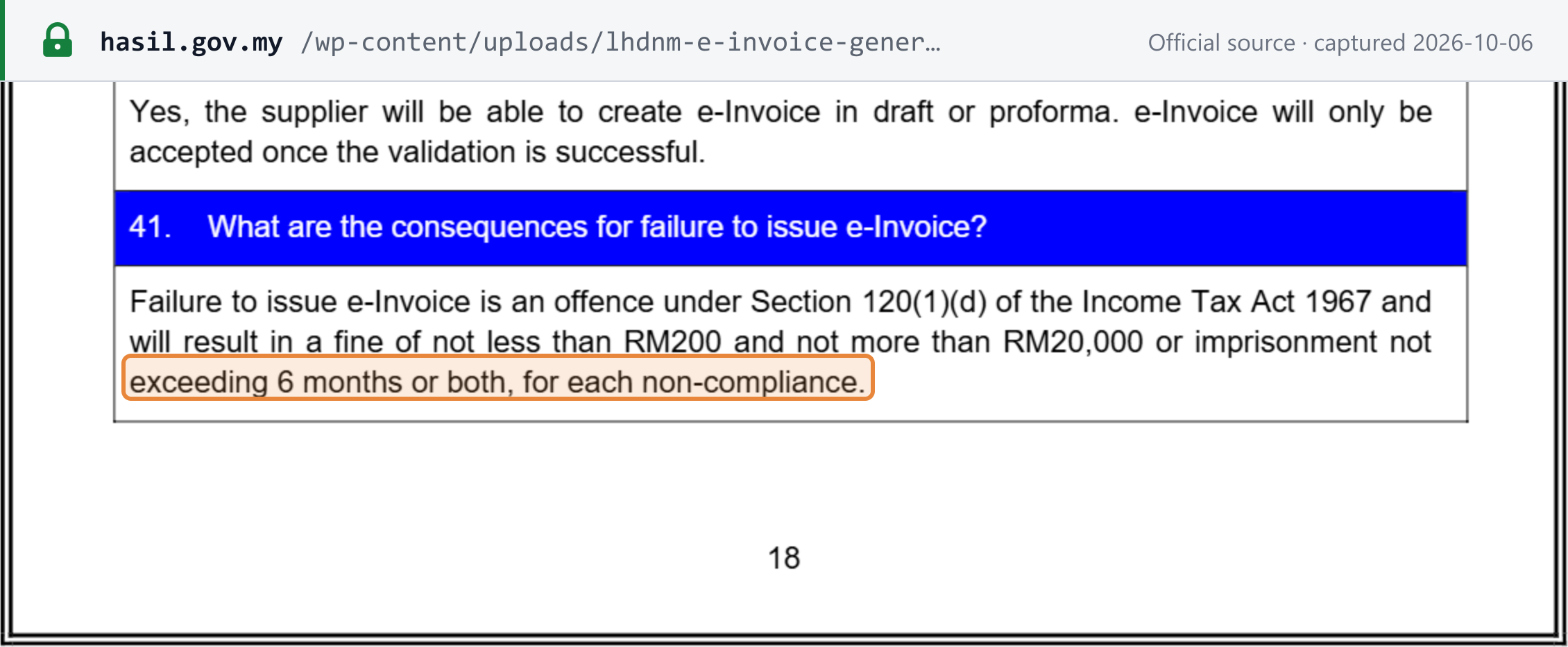 Source snapshot — IRBM General FAQs Q41: failure to issue e-Invoice is an offence under section 120(1)(d) of the Income Tax Act 1967, with a fine of RM200 to RM20,000 or imprisonment of up to 6 months or both, for each non-compliance