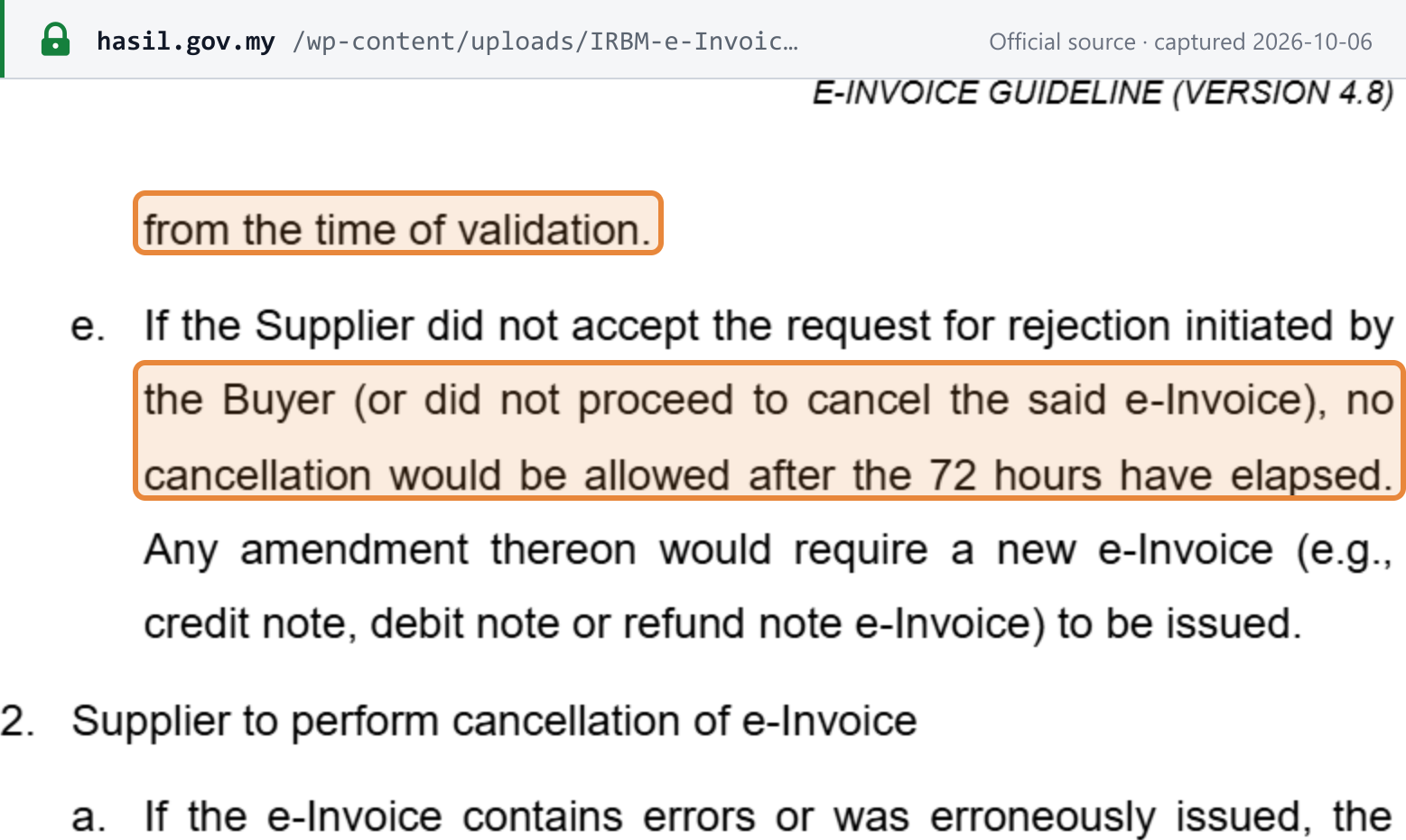Source snapshot — e-Invoice Guideline v4.8 ¶2.3.6, p.26: the supplier's cancellation runs within 72 hours from the time of validation, and no cancellation is allowed after the 72 hours have elapsed