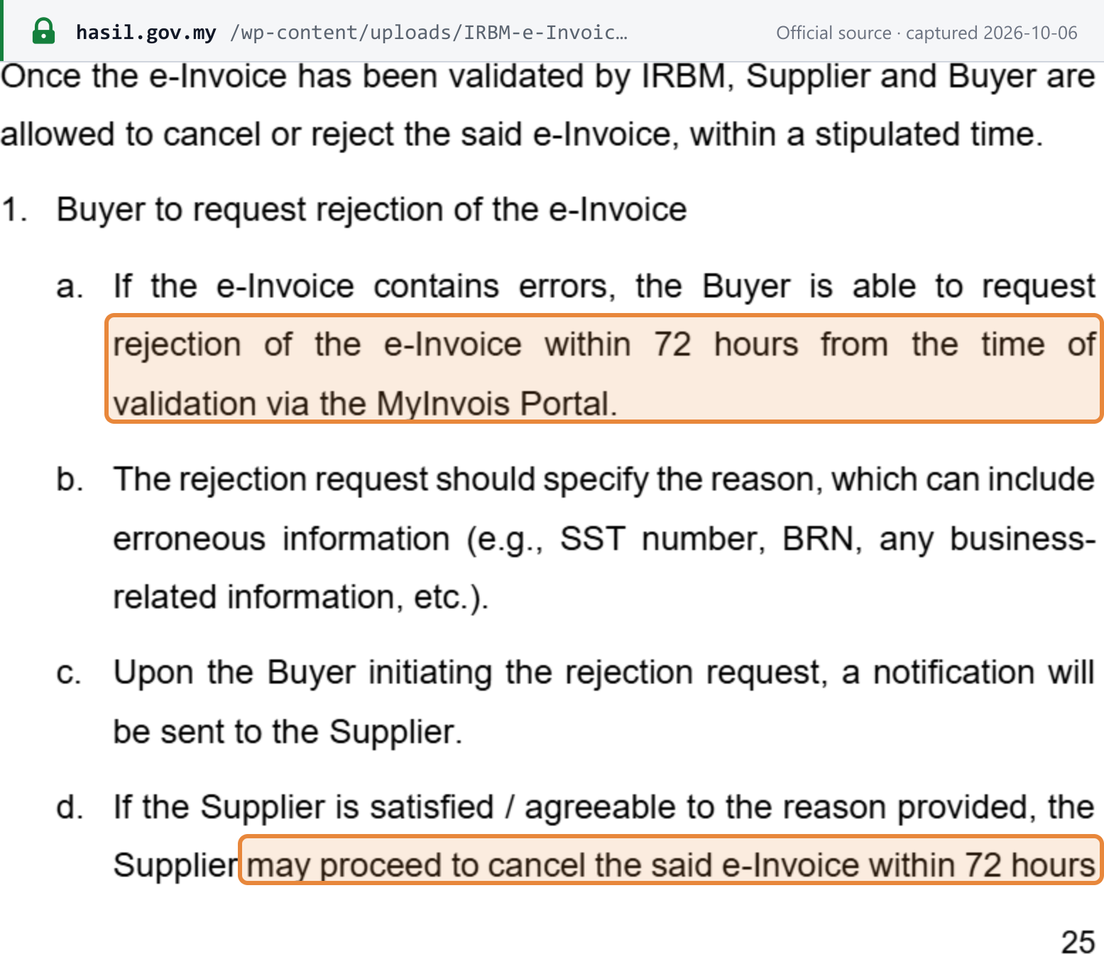 Source snapshot — e-Invoice Guideline v4.8 ¶2.3.6: the buyer may request rejection within 72 hours from the time of validation, and the supplier may proceed to cancel within 72 hours