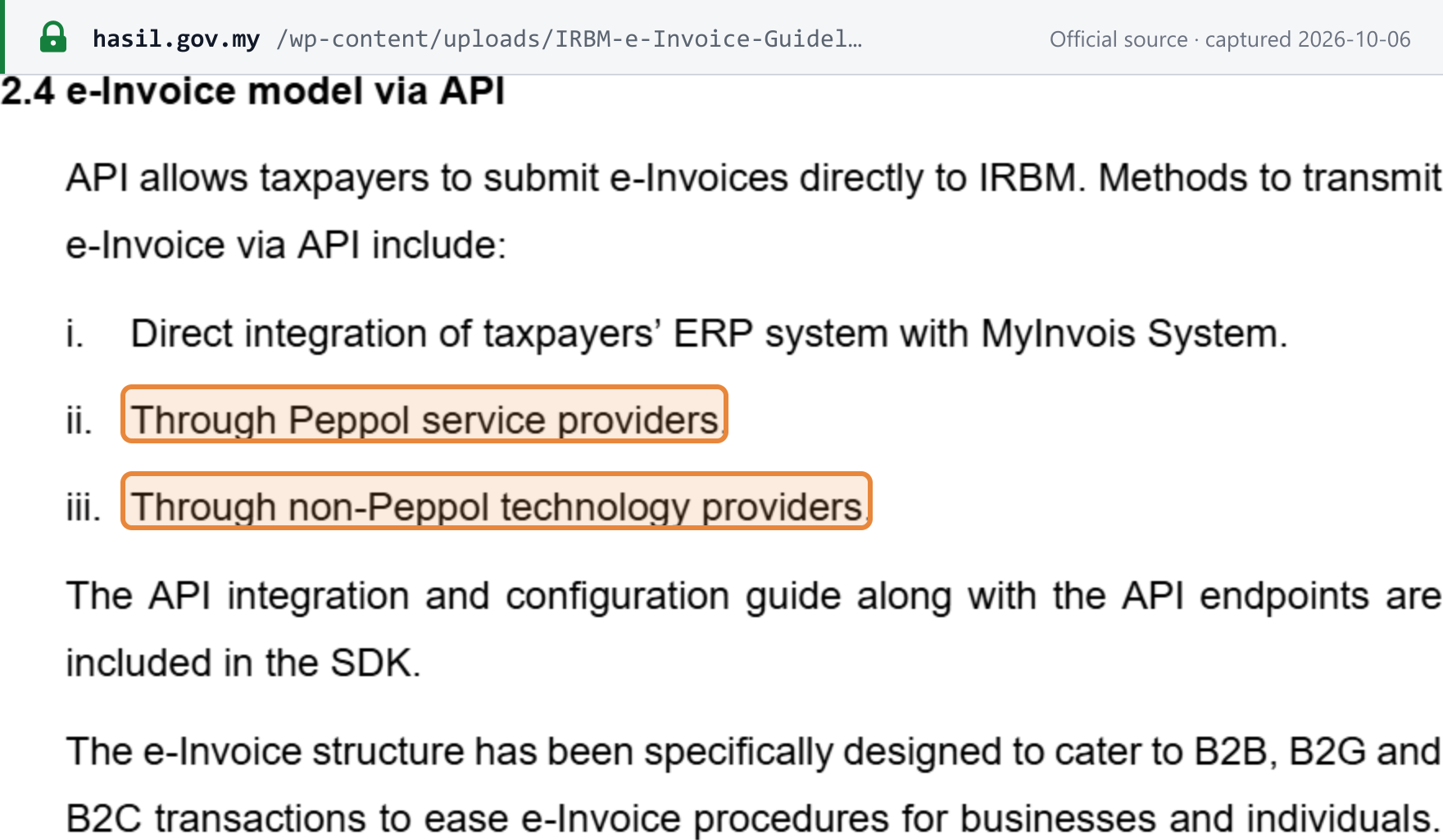 Source snapshot — e-Invoice Guideline v4.8 ¶2.4: methods to transmit e-Invoice via API include direct ERP integration with the MyInvois System, through Peppol service providers, and through non-Peppol technology providers