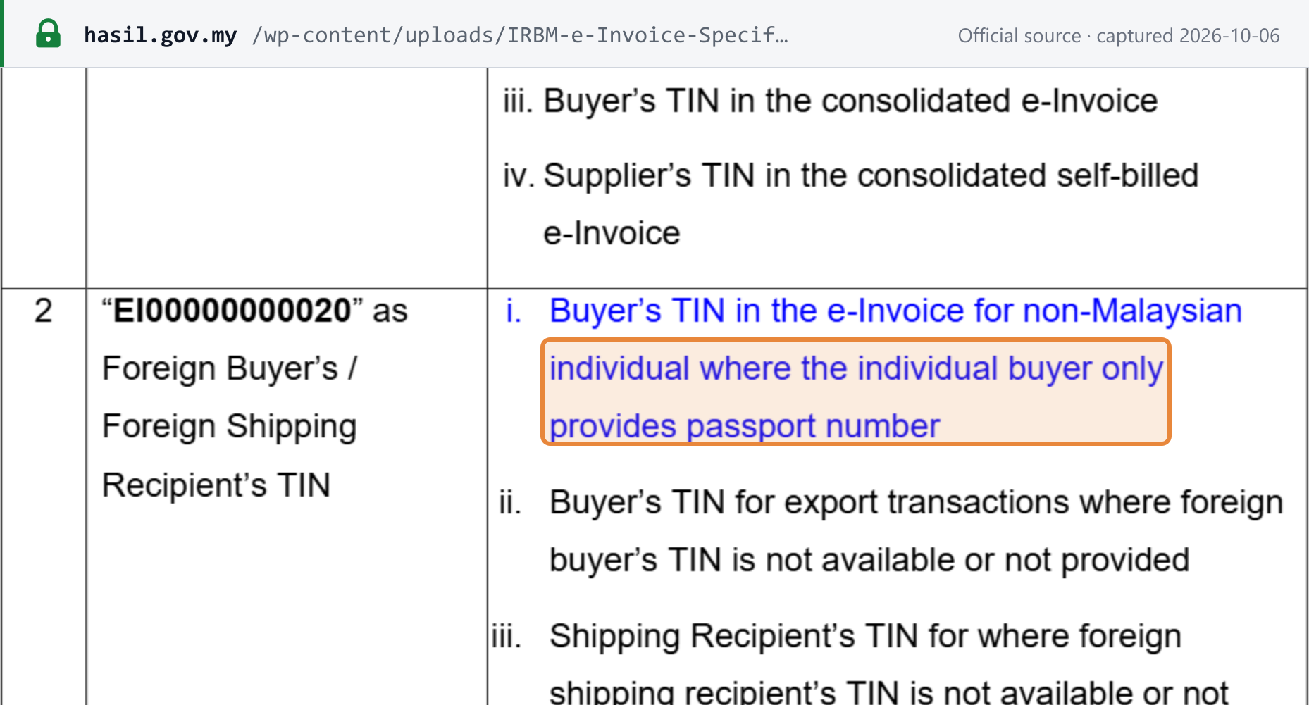 Source snapshot — e-Invoice Specific Guideline v4.9 Appendix 1: EI00000000020 as Foreign Buyer's / Foreign Shipping Recipient's TIN, for a non-Malaysian individual buyer who only provides a passport number