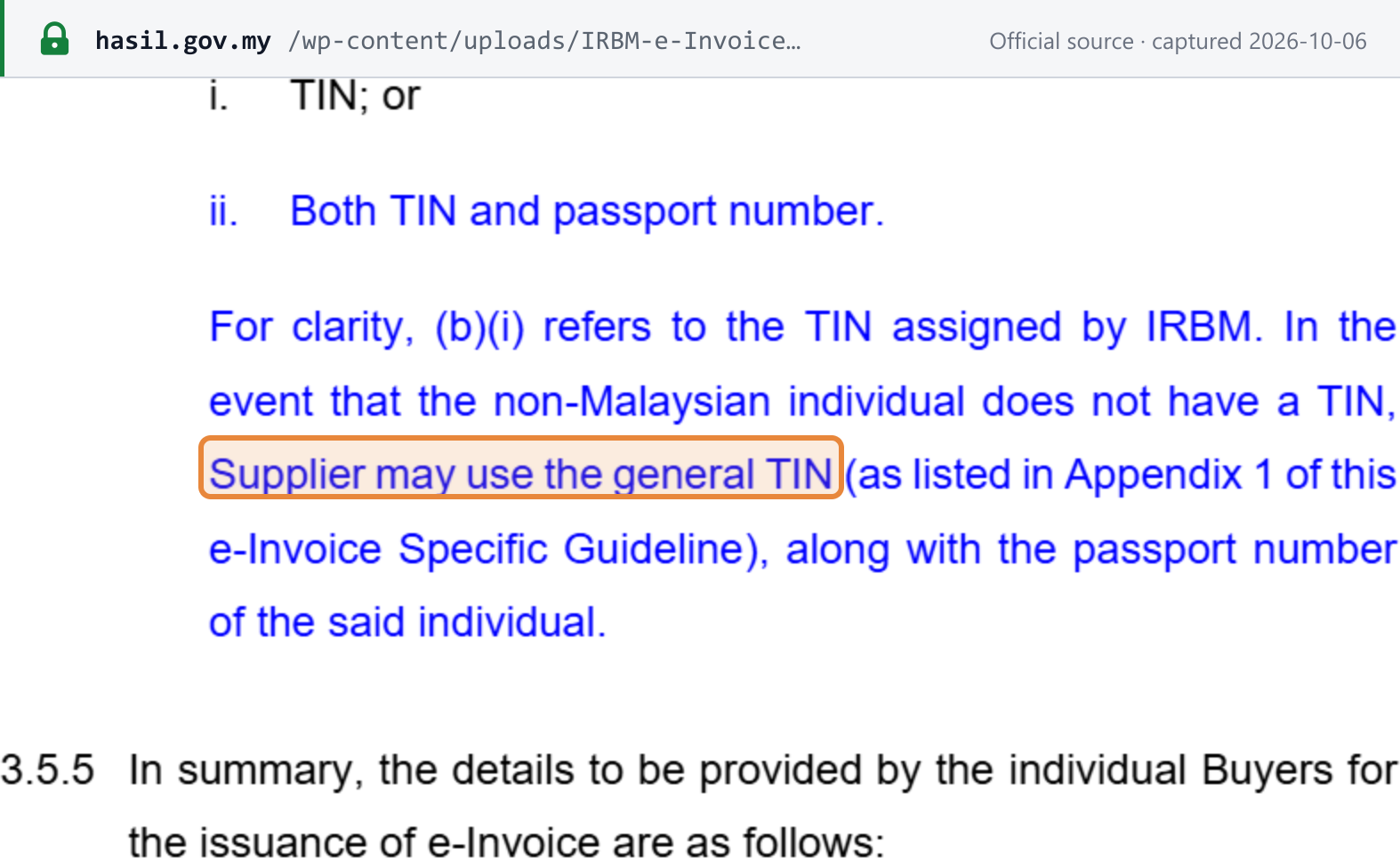 Source snapshot — e-Invoice Specific Guideline v4.9 ¶3.5.4(b): a non-Malaysian individual provides a TIN, or a TIN and passport number; where the individual has no TIN, the supplier may use the general TIN with the passport number