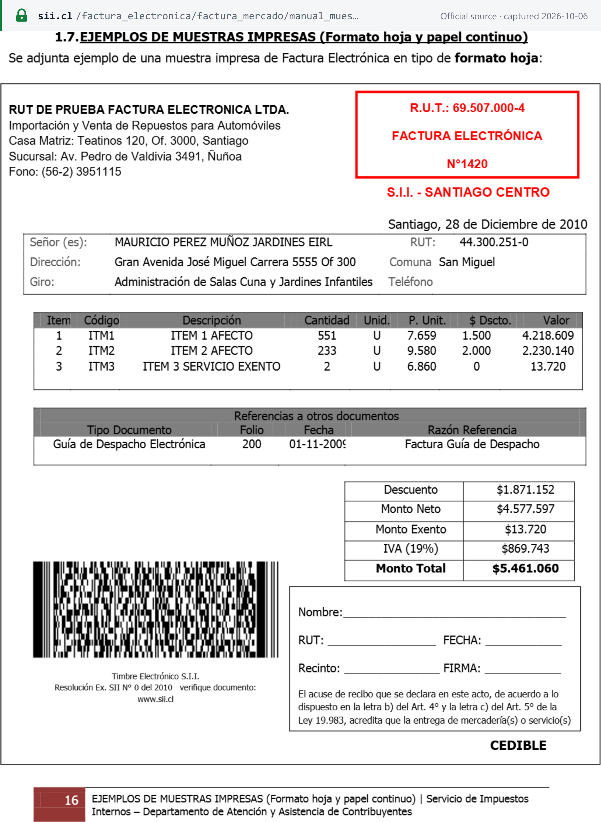 Source snapshot — SII Manual de Muestras Impresas v4.0, page 16: official printed specimen of a Factura Electrónica — issuer block, red document box with RUT, document type and folio, receiver block, three detail lines, a reference to a guía de despacho, totals with IVA (19%), the electronic stamp and the acuse de recibo box marked CEDIBLE