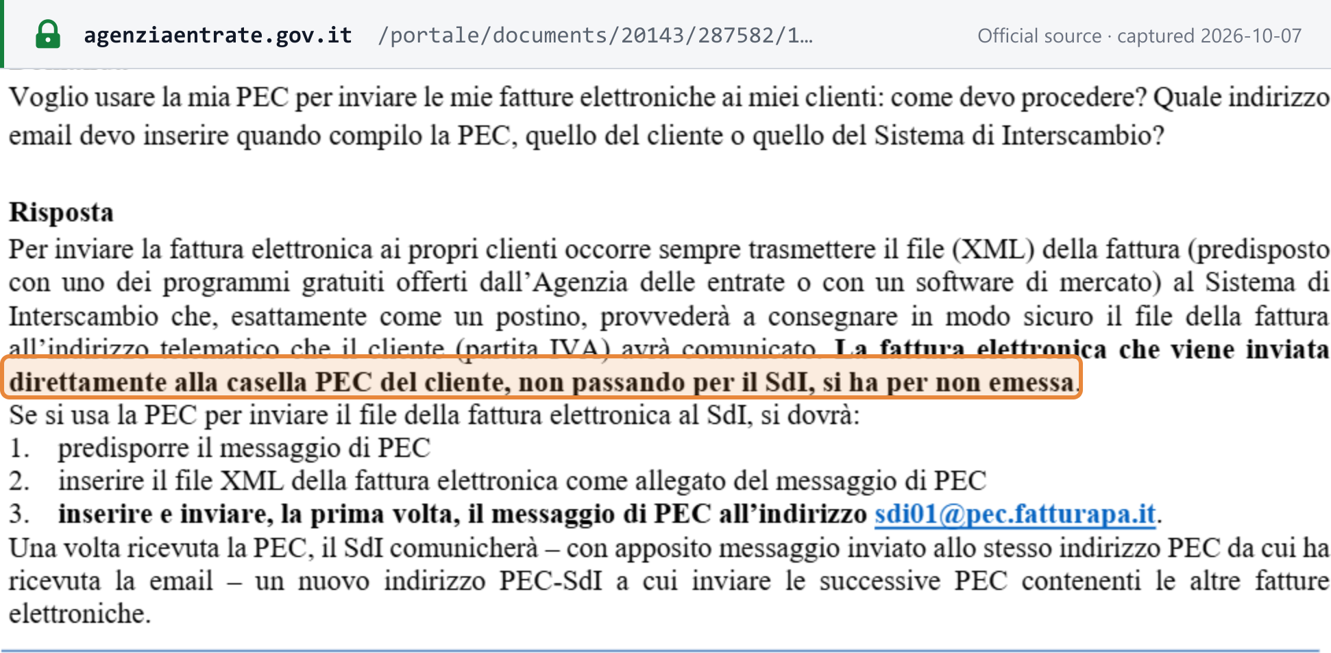 Source snapshot — Agenzia delle Entrate FAQ n. 44: an electronic invoice sent directly to the customer's PEC mailbox, "non passando per il SdI, si ha per non emessa" (not passing through SdI, it is treated as not issued)