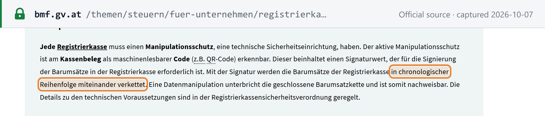 Source snapshot — BMF Austria: every cash register needs a technical security device; the QR code on the receipt carries a signature value, and the signature chains the register's cash sales in chronological order