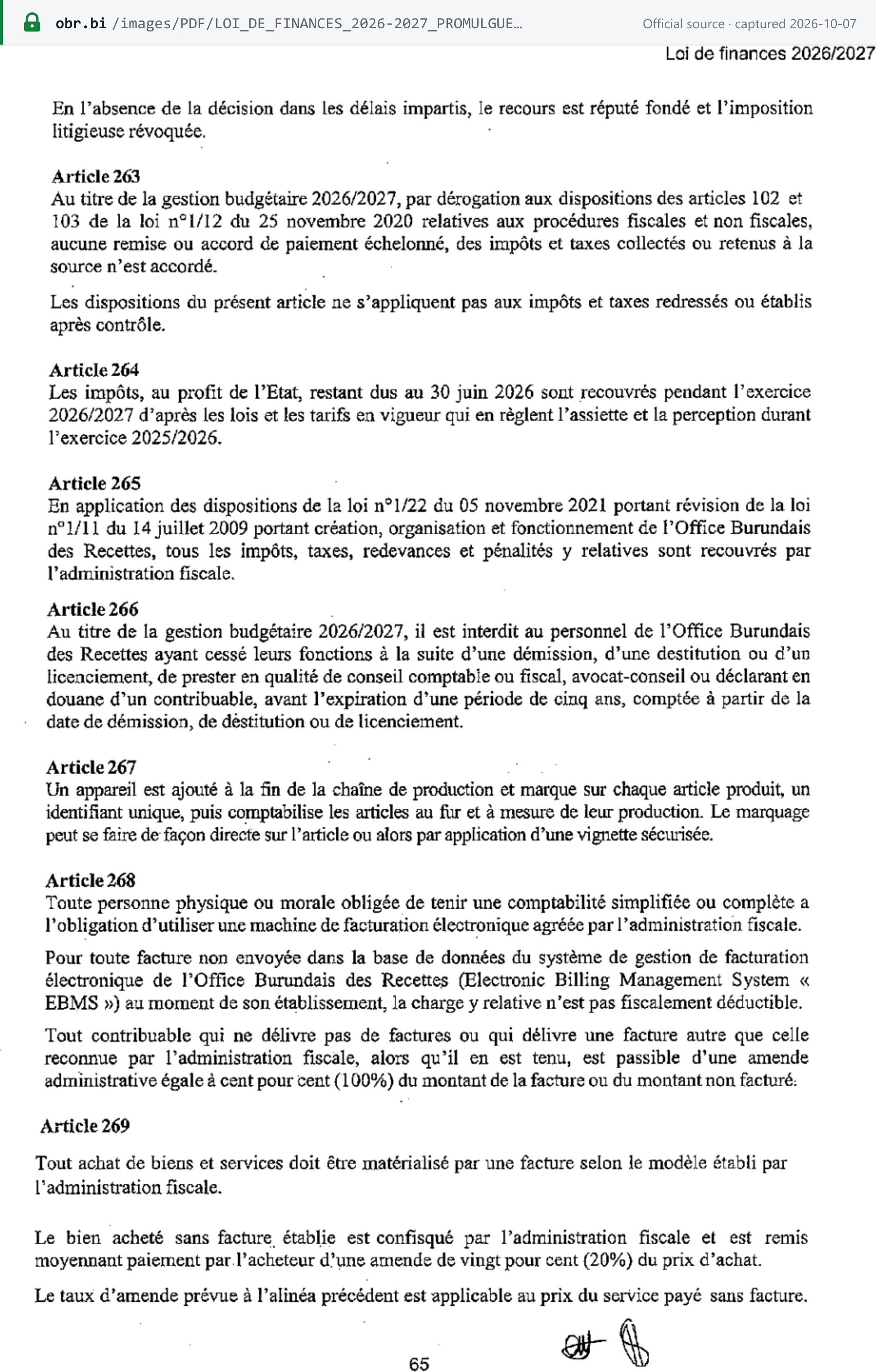Source snapshot — Finance Law 2026/2027, p. 65: articles 268 and 269 — anyone keeping simplified or full accounts must use an approved e-invoicing machine, an expense on an invoice not sent to EBMS when issued is not deductible, and every purchase must be documented by an invoice on the tax administration's model