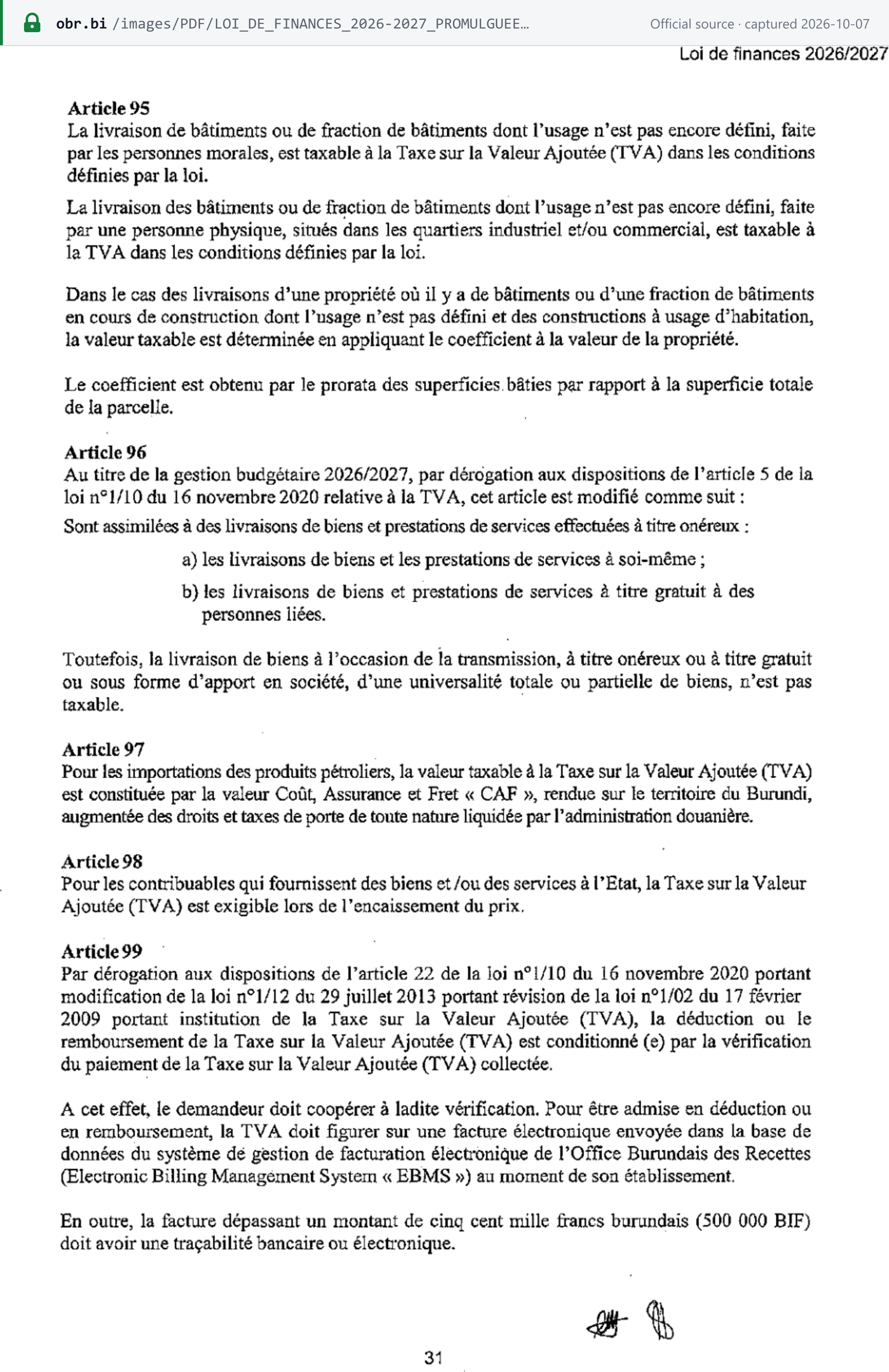 Source snapshot — Finance Law 2026/2027, p. 31: article 99 — VAT is deductible or refundable only if it appears on an e-invoice sent to EBMS when issued, and invoices above BIF 500,000 need bank or electronic traceability