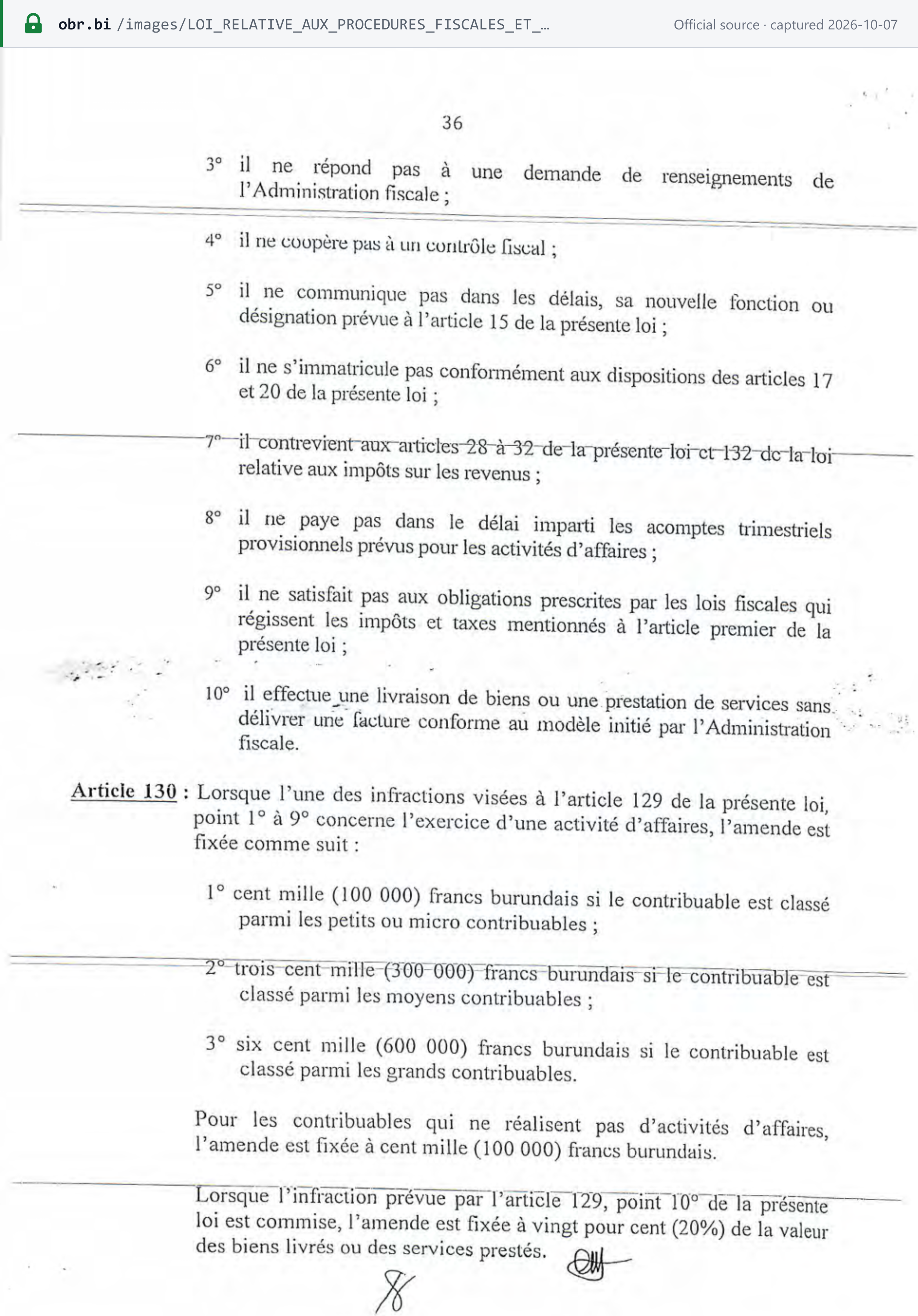 Source snapshot — Tax-procedure law n°1/12 of 2020, p. 36: articles 129 and 130 — tax offences, including supplying without an invoice on the official model, and the fixed fines by taxpayer size