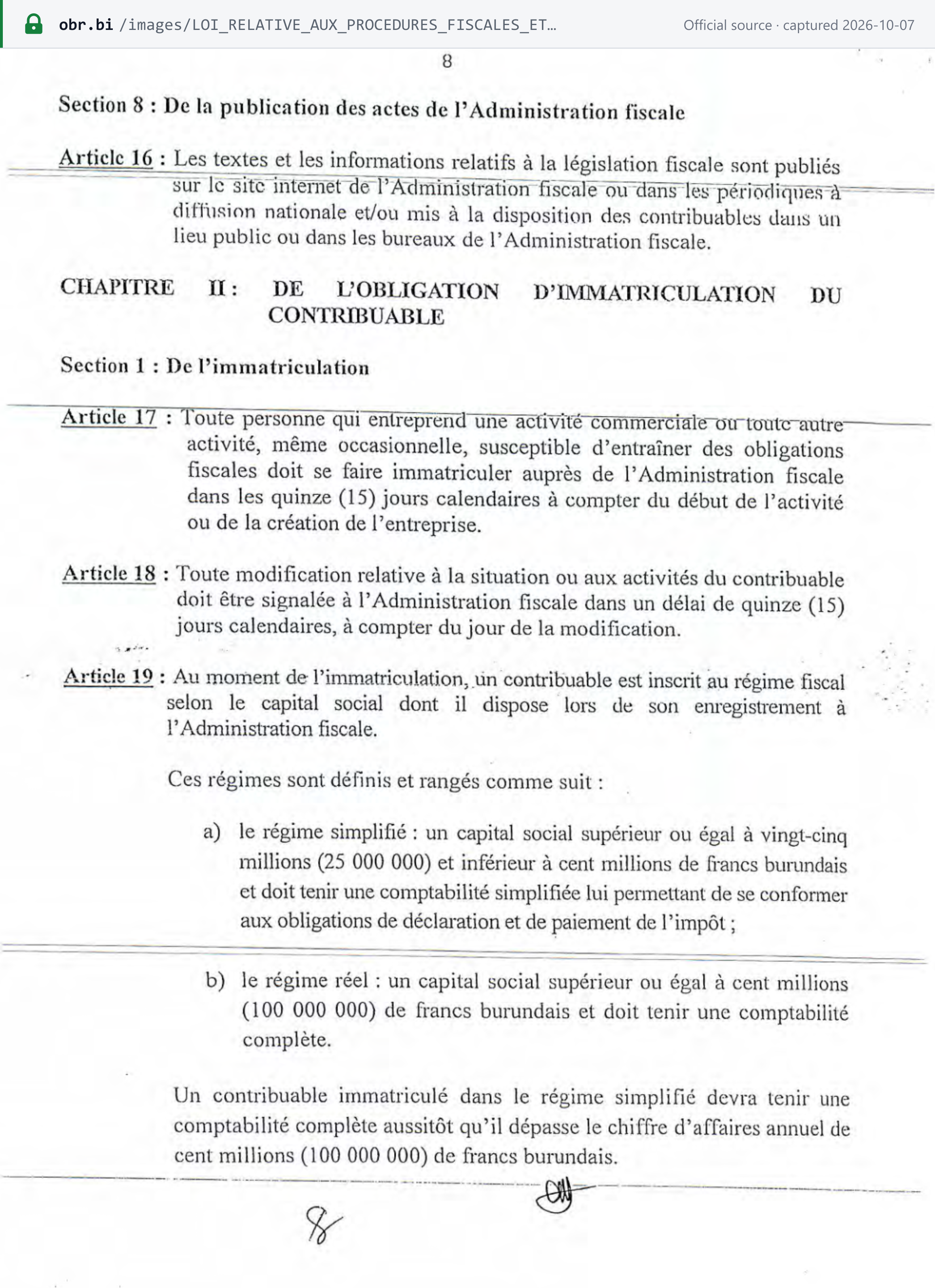 Source snapshot — Tax-procedure law n°1/12 of 2020, p. 8: articles 17 to 19 — registration within 15 calendar days of starting an activity, and the simplified and real regimes by share capital