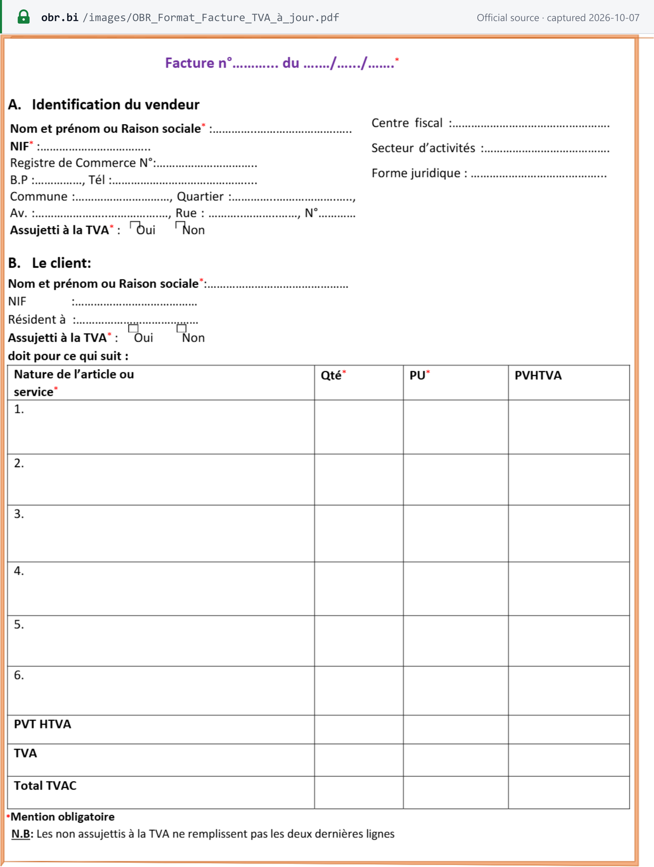 Source snapshot — OBR official VAT invoice model: seller and client identification blocks, NIF, VAT-registered yes or no, line items with quantity and unit price, totals excluding and including VAT, and the asterisk key for mandatory fields