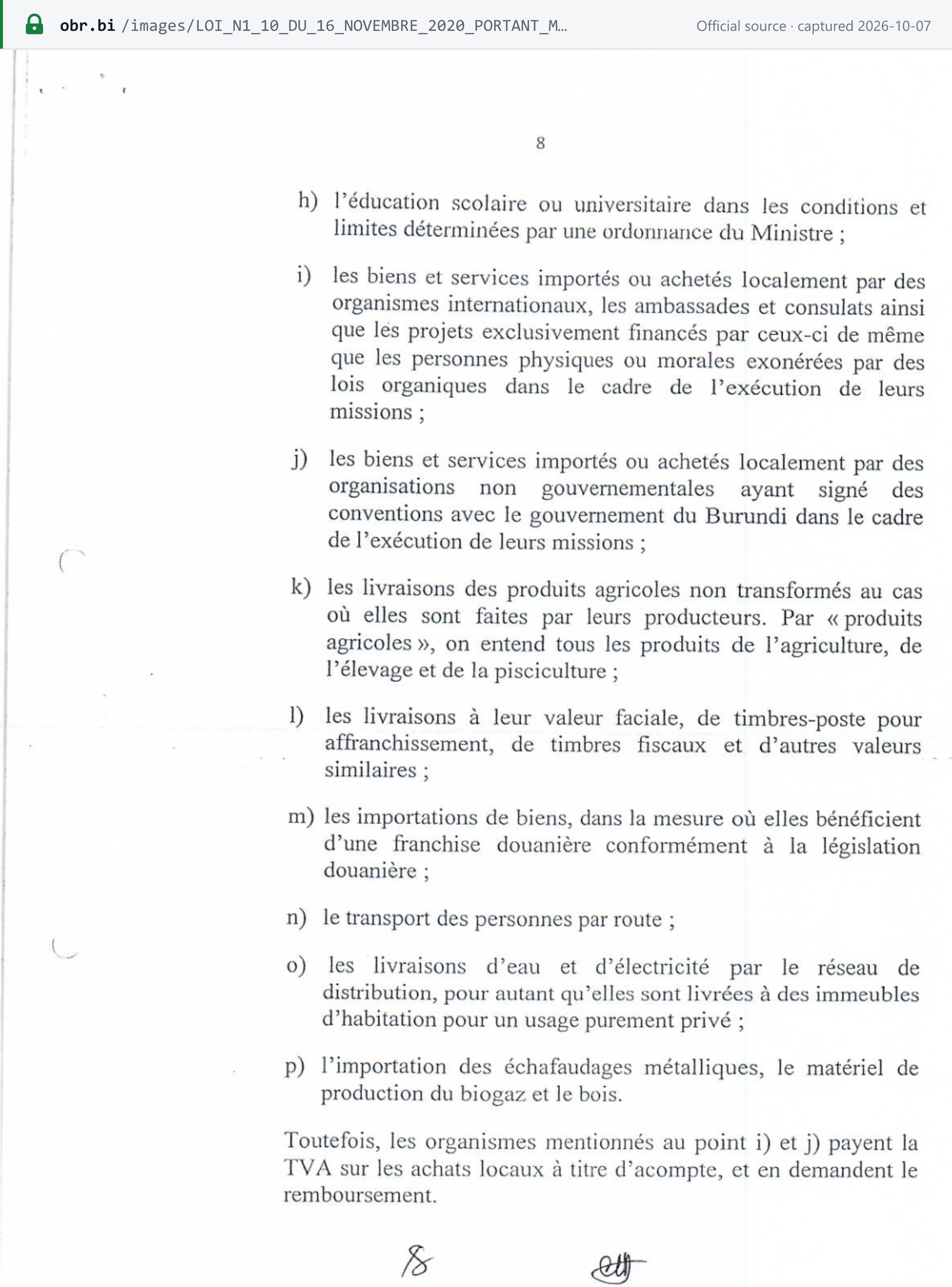 Source snapshot — VAT law n°1/10 of 2020, p. 8: article 10 (h) to (p) — exempt education, international bodies and NGOs, unprocessed agricultural produce, stamps, customs-franchise imports, road passenger transport, household water and electricity, and imported metal scaffolding, biogas equipment and wood