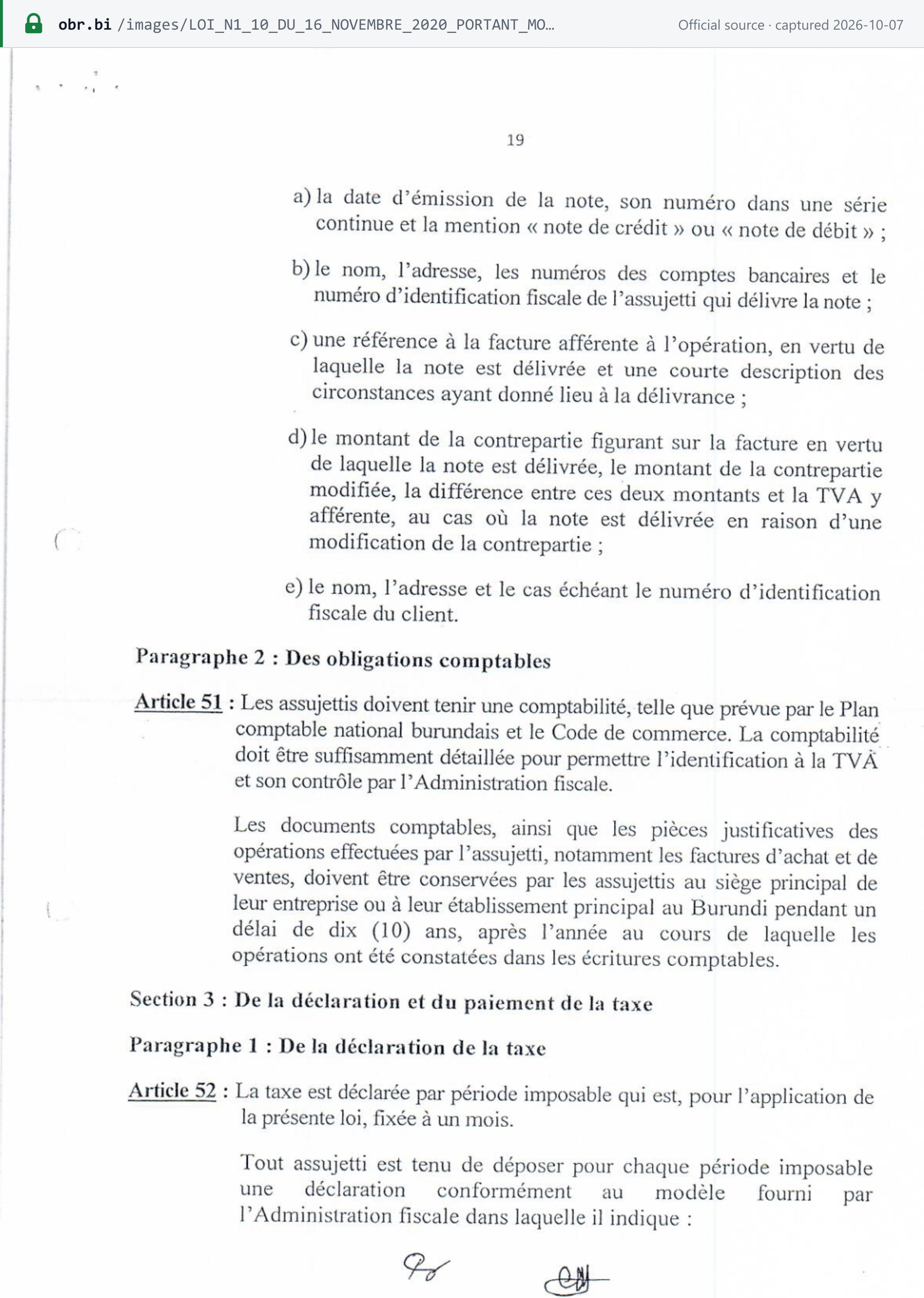 Source snapshot — VAT law n°1/10 of 2020, p. 19: articles 50 to 52 — the content of credit and debit notes, 10-year retention of invoices and records in Burundi, and the one-month tax period