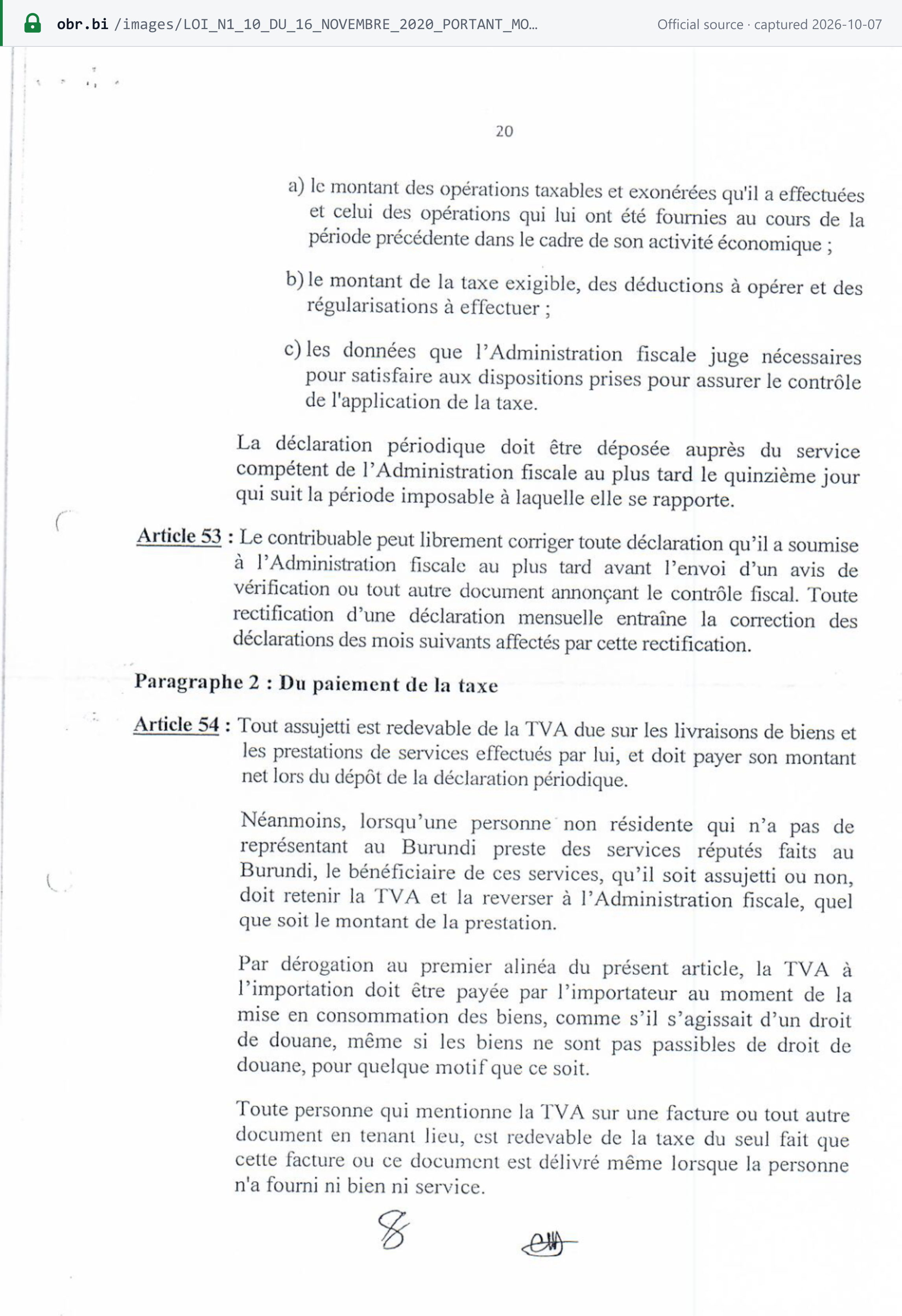 Source snapshot — VAT law n°1/10 of 2020, p. 20: articles 52 to 54 — return and payment by the 15th of the following month, the customer's withholding of VAT on services from non-residents without a representative, and import VAT paid at release for consumption