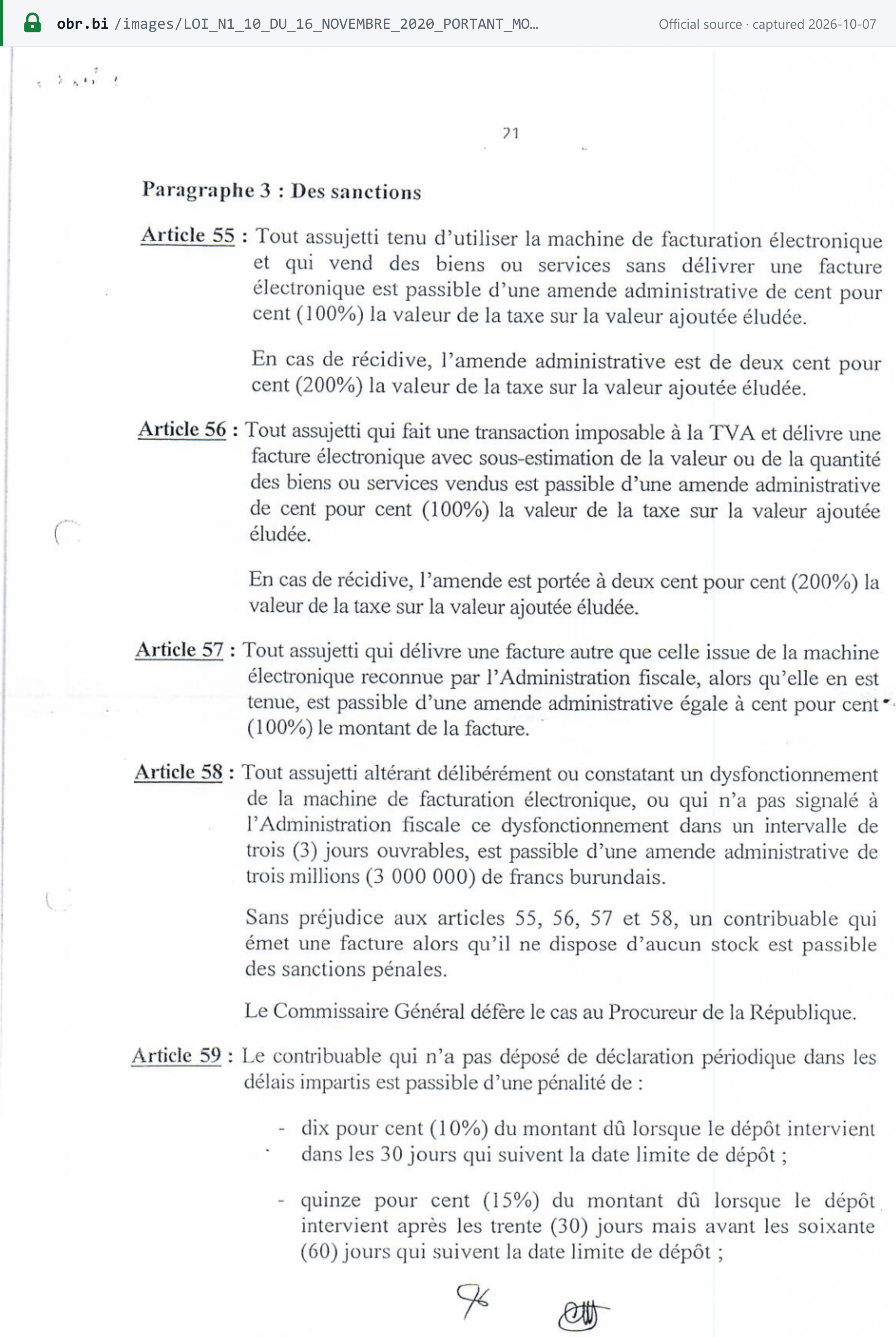 Source snapshot — VAT law n°1/10 of 2020, p. 21: articles 55 to 59 — fines for sales without an e-invoice, invoices not from the recognised machine, machine tampering or unreported malfunction, and the start of the late-filing scale
