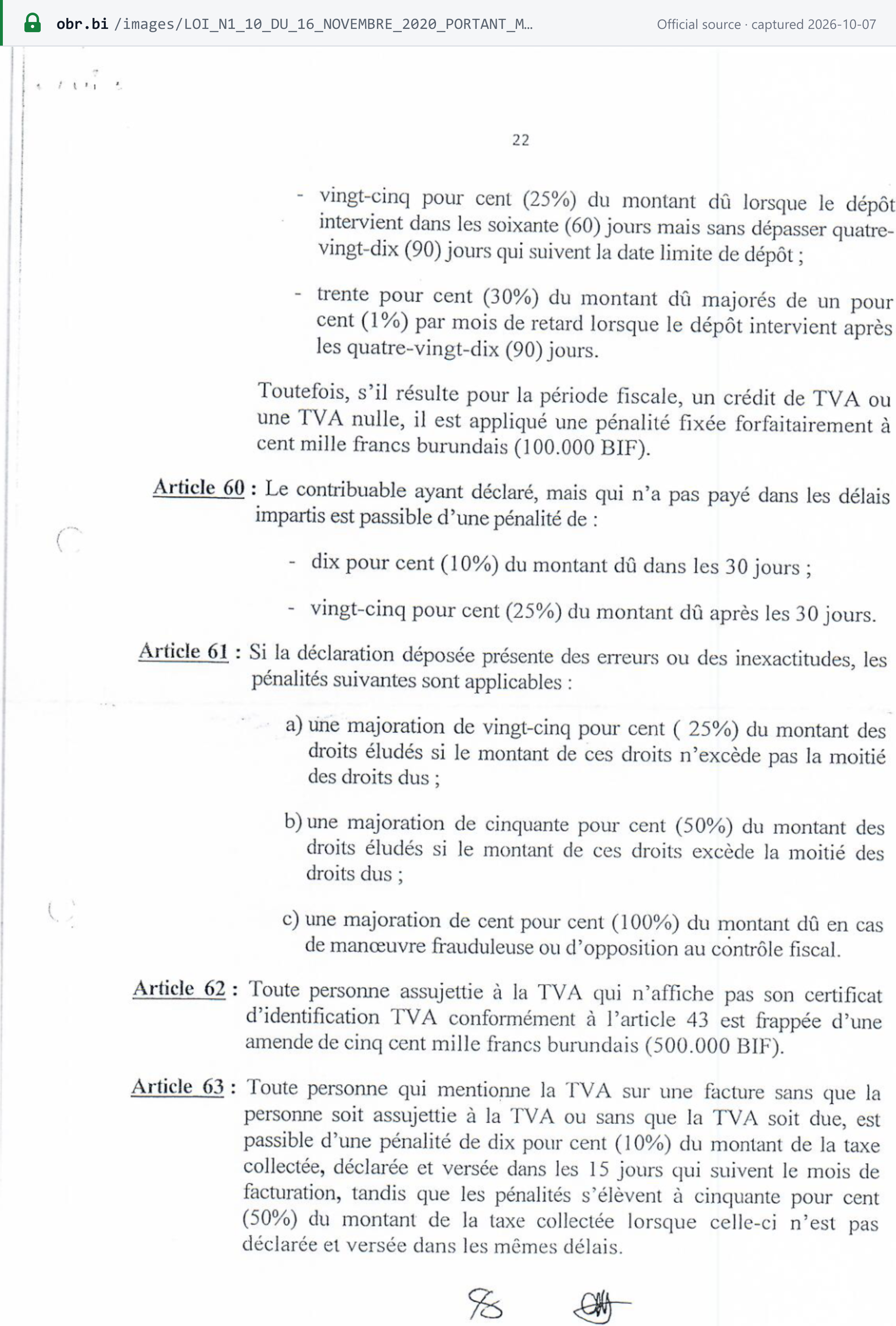 Source snapshot — VAT law n°1/10 of 2020, p. 22: articles 59 to 63 — late-filing and late-payment penalties, return errors, failure to display the certificate, and VAT wrongly shown on invoices