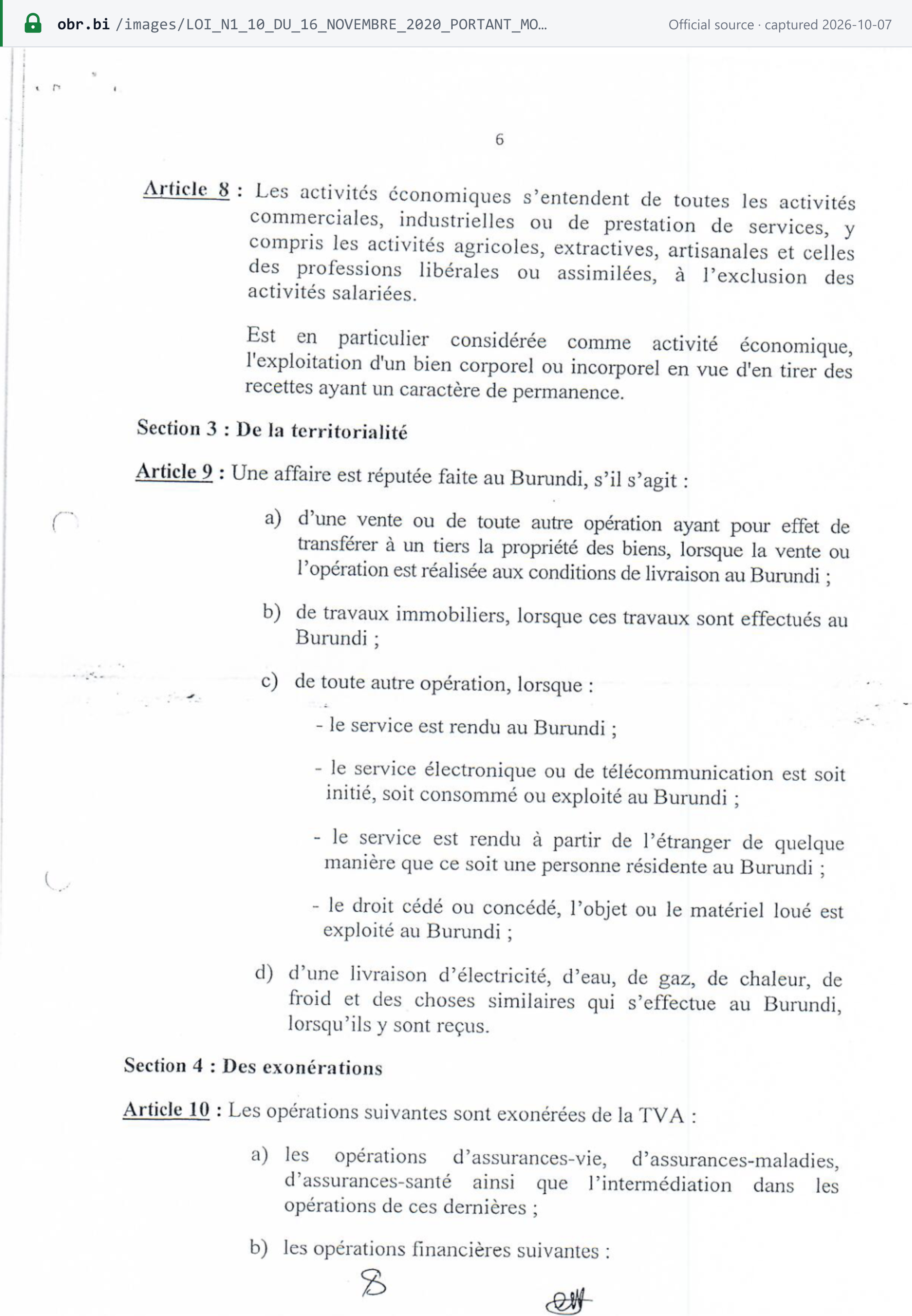 Source snapshot — VAT law n°1/10 of 2020, p. 6: article 9 — operations deemed made in Burundi, including electronic or telecommunication services initiated, consumed or used in Burundi