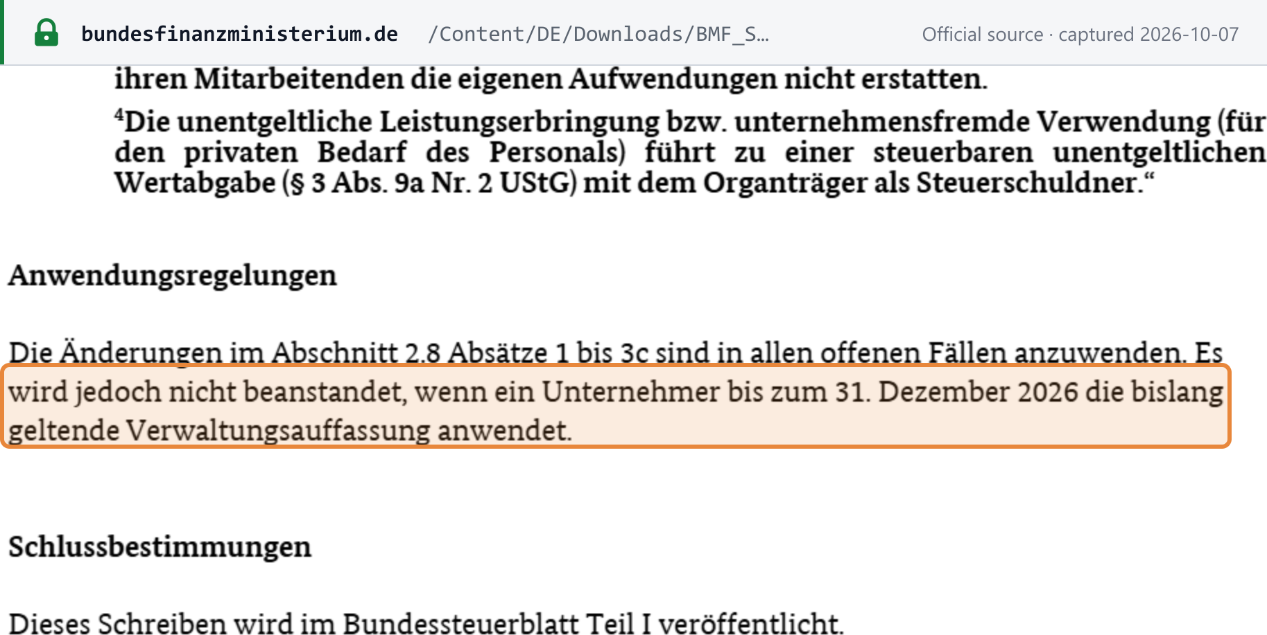 Source snapshot — BMF letter of 1 April 2026, application rules: the changes apply in all open cases, but it is not objected to if a business applies the previous administrative view until 31 December 2026