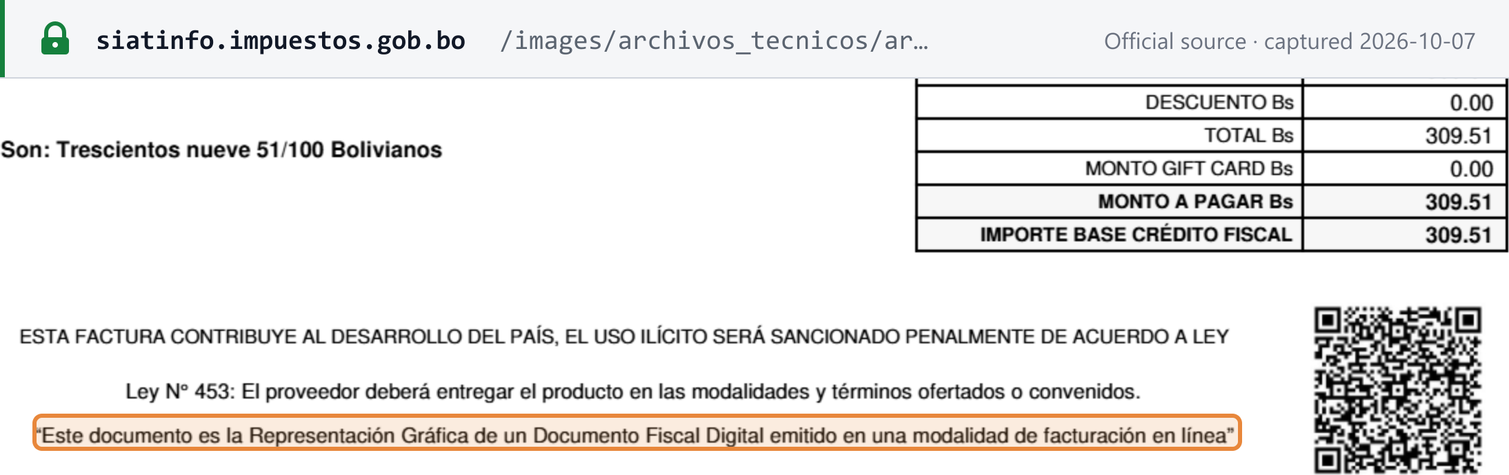 Source snapshot — SIN sample graphic representation of a Compra-Venta invoice: the online-modality legend and the QR code