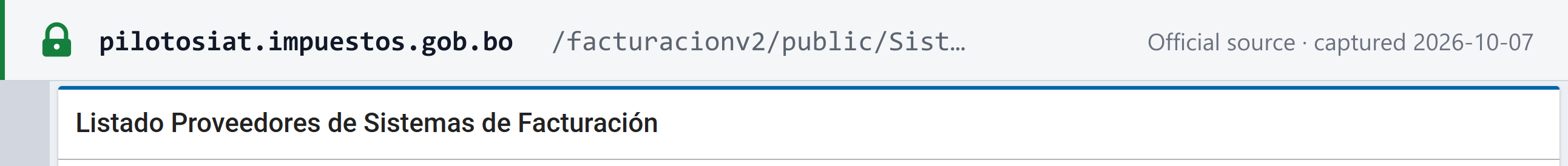 Source snapshot — title of SIN's public page: Listado Proveedores de Sistemas de Facturación