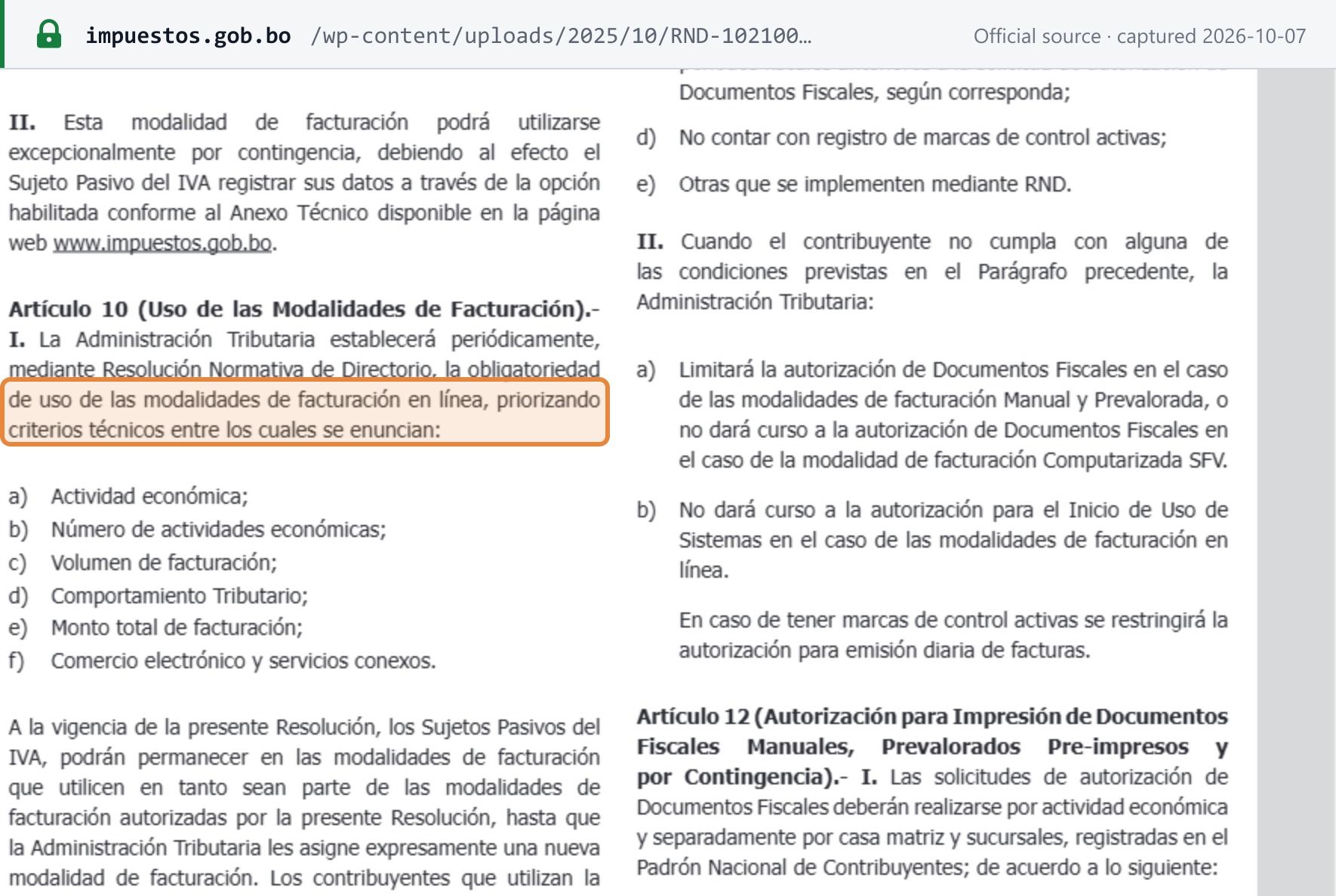Source snapshot — RND 102100000011 article 10.I: SIN sets the obligation to use online modalities periodically by resolution, on criteria a) to f); its 2021 transitional paragraph let taxpayers keep their modality until expressly assigned a new one