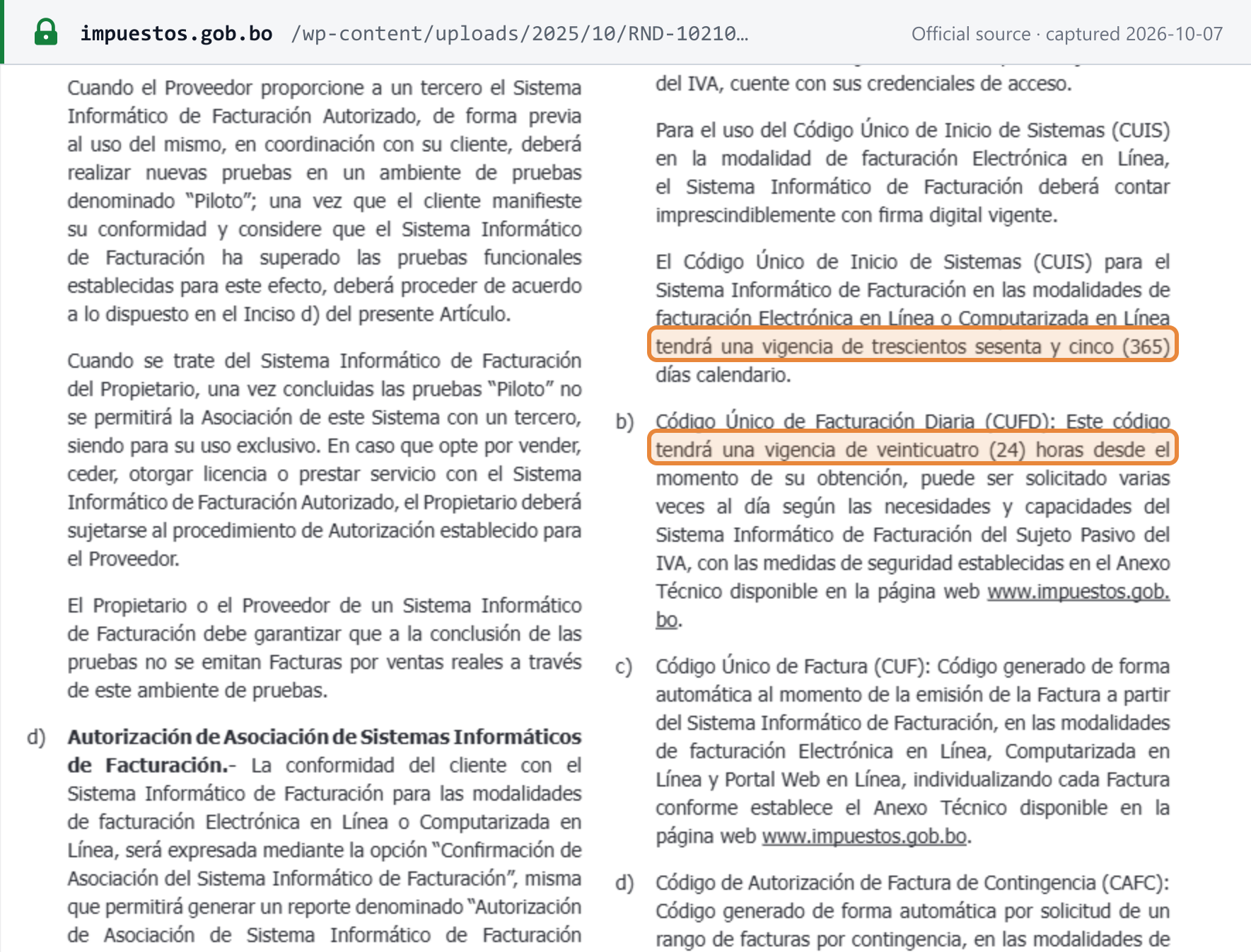 Source snapshot — RND 102100000011 article 21: the CUIS is valid for 365 calendar days and the CUFD for 24 hours; the CUF individualises each invoice