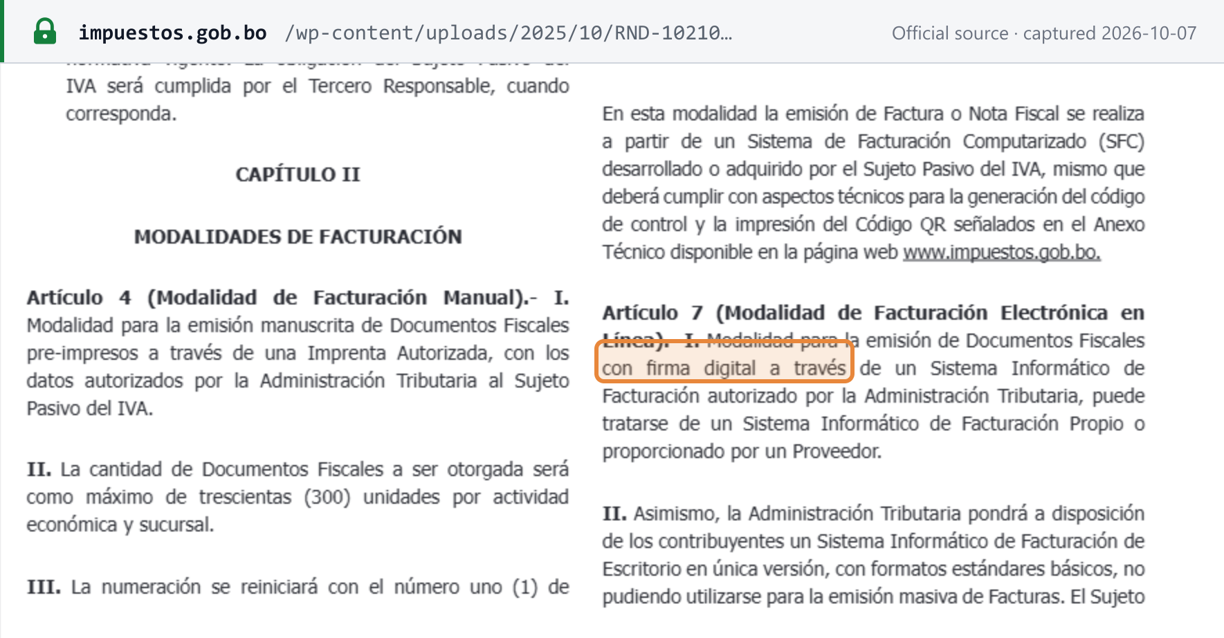 Source snapshot — RND 102100000011 article 7: the Electrónica en Línea modality issues fiscal documents with a digital signature through an authorised invoicing system
