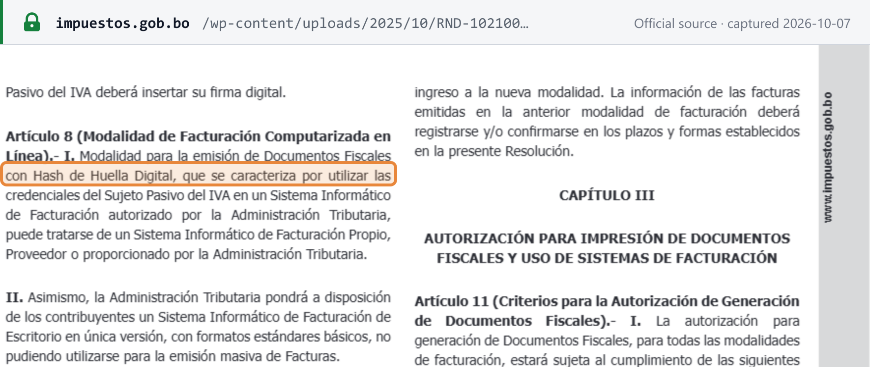 Source snapshot — RND 102100000011 article 8: the Computarizada en Línea modality issues fiscal documents with a Hash de Huella Digital, using the taxpayer's credentials