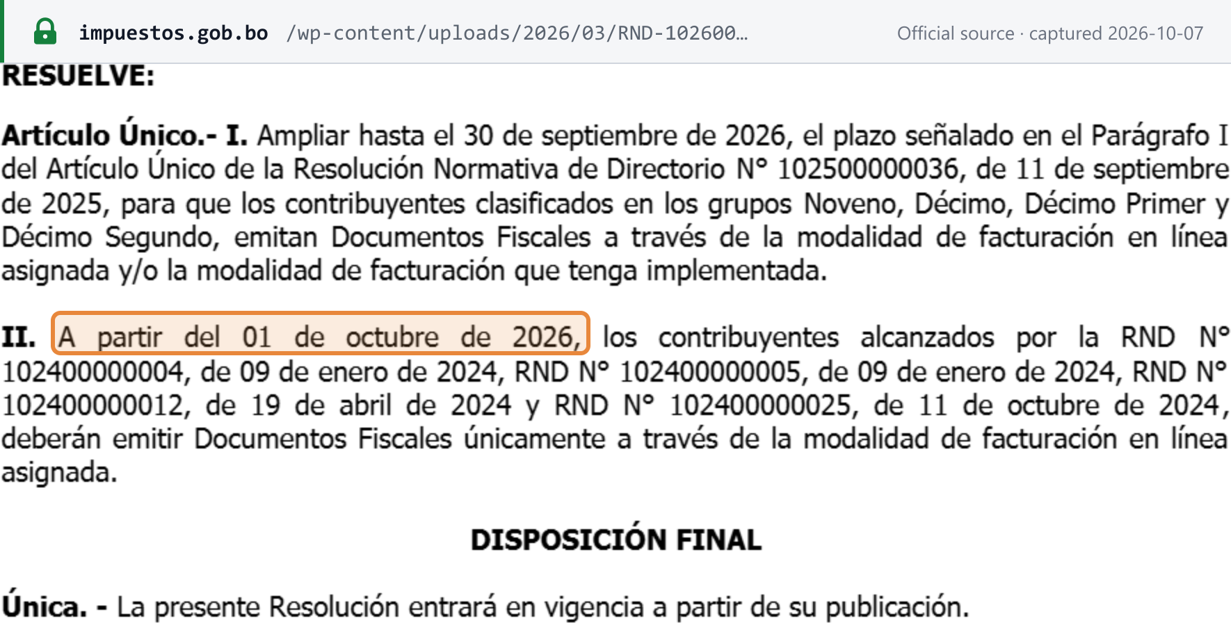 Source snapshot — RND 102600000007 article II: from 1 October 2026 the Group 9–12 taxpayers were to issue only in their assigned online modality. Set on 23 March 2026; abrogated by RND 102600000038 on 30 September 2026